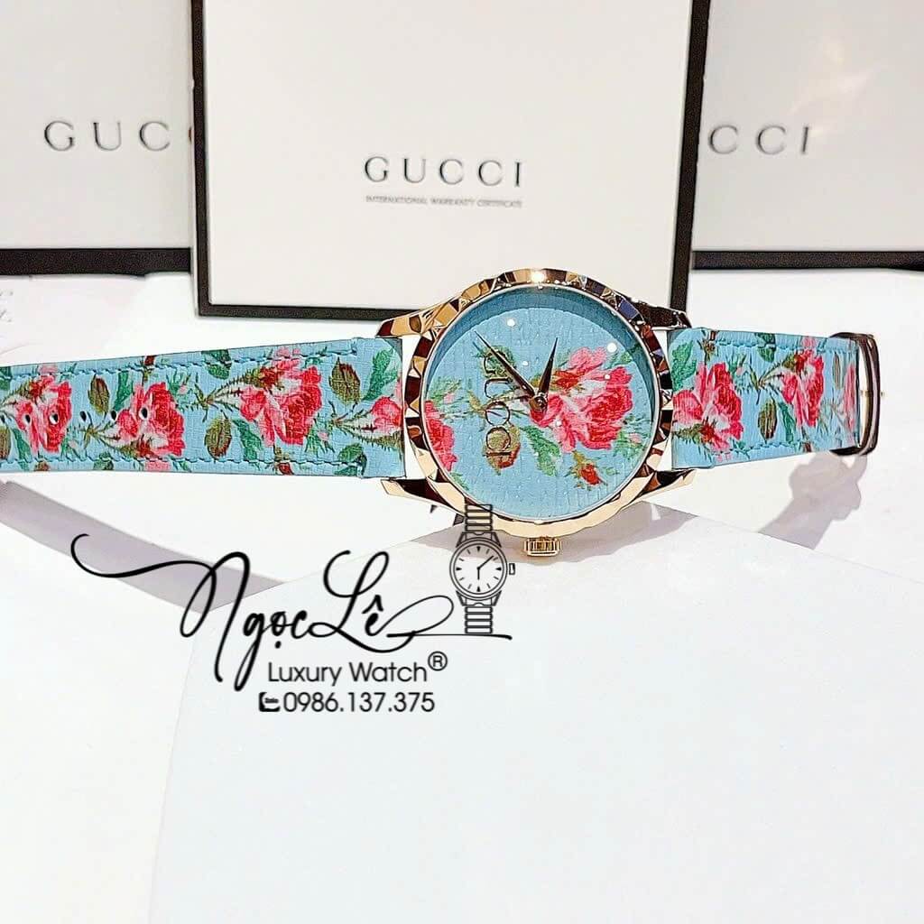 Đồng Hồ Nữ Gucci G-Timeless YA1264085 Dây Da Màu Xanh Họa Tiết Hoa Màu Hồng Size 38mm