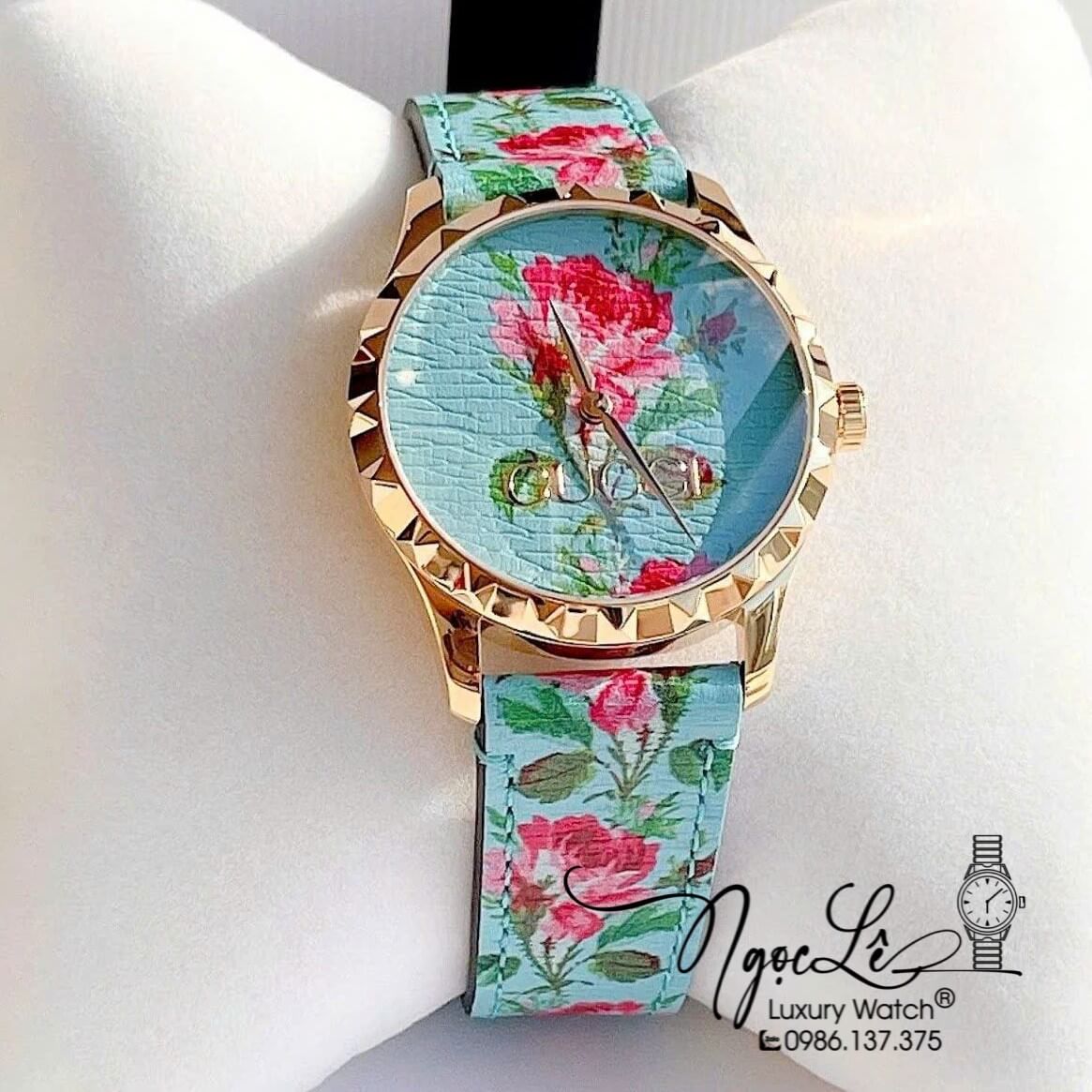 Đồng Hồ Nữ Gucci G-Timeless YA1264085 Dây Da Màu Xanh Họa Tiết Hoa Màu Hồng Size 38mm