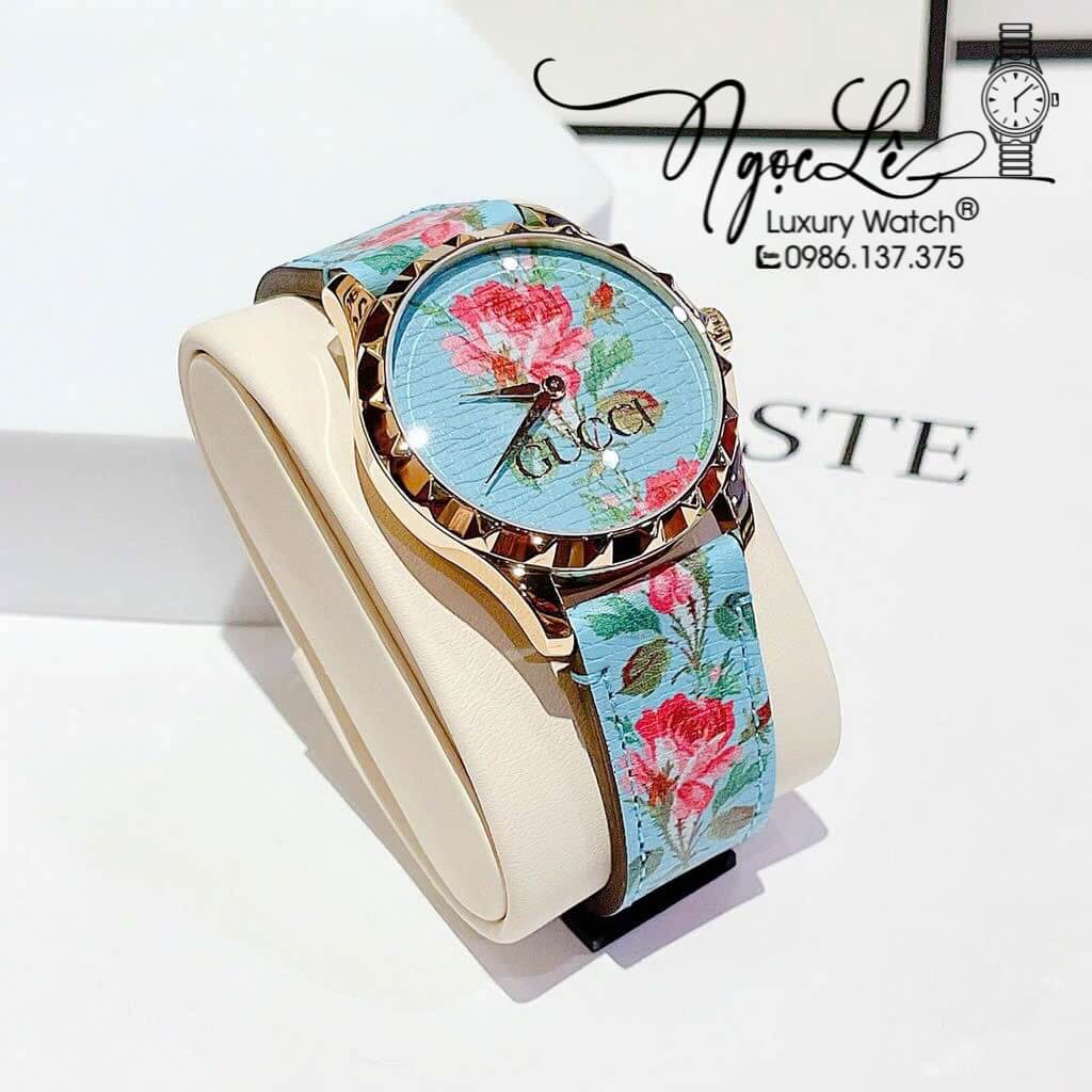 Đồng Hồ Nữ Gucci G-Timeless YA1264085 Dây Da Màu Xanh Họa Tiết Hoa Màu Hồng Size 38mm