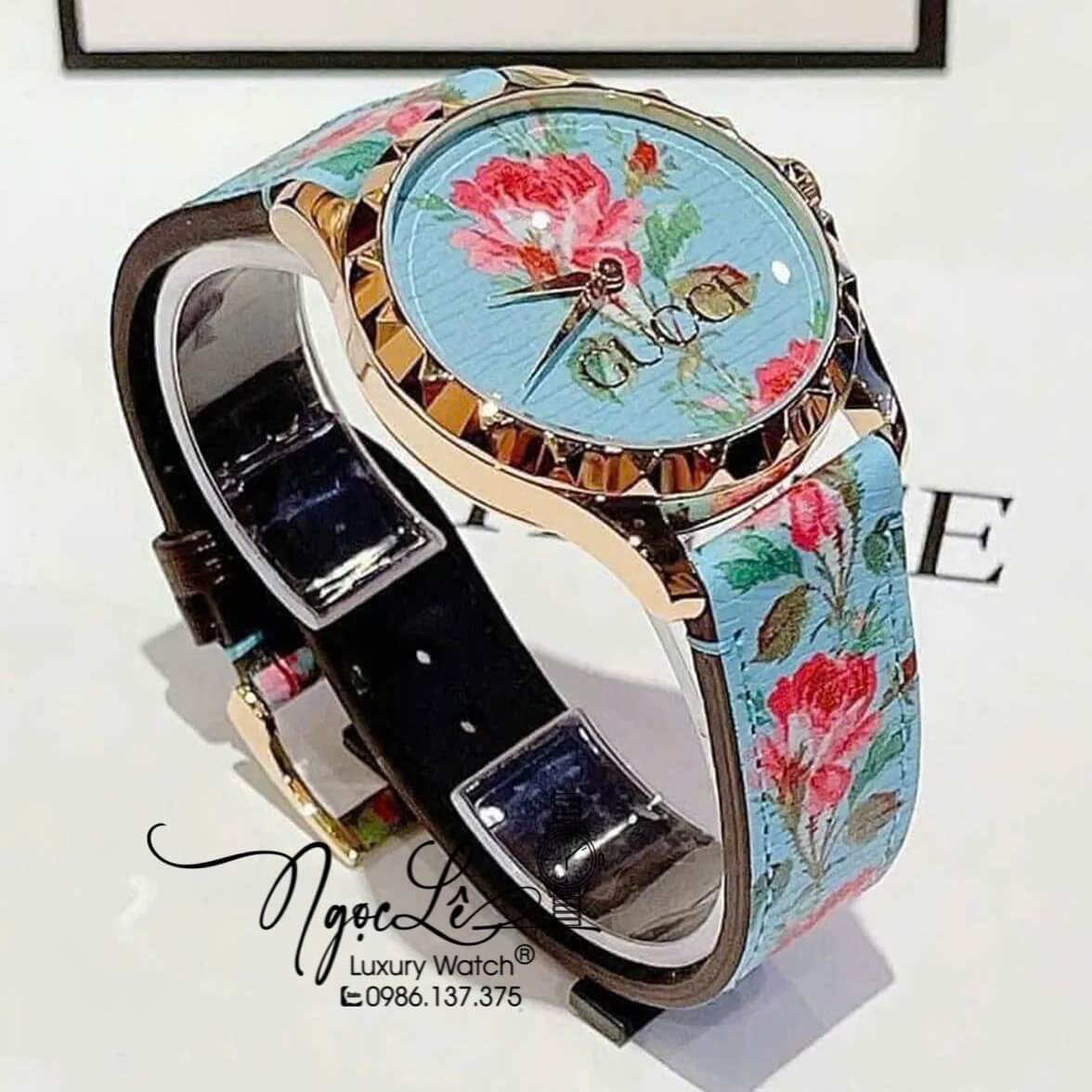 Đồng Hồ Nữ Gucci G-Timeless YA1264085 Dây Da Màu Xanh Họa Tiết Hoa Màu Hồng Size 38mm