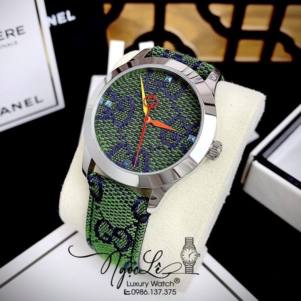 Đồng Hồ Nữ Gucci Multicolor G-Timeless Dây Da Xanh Lá Size 38mm