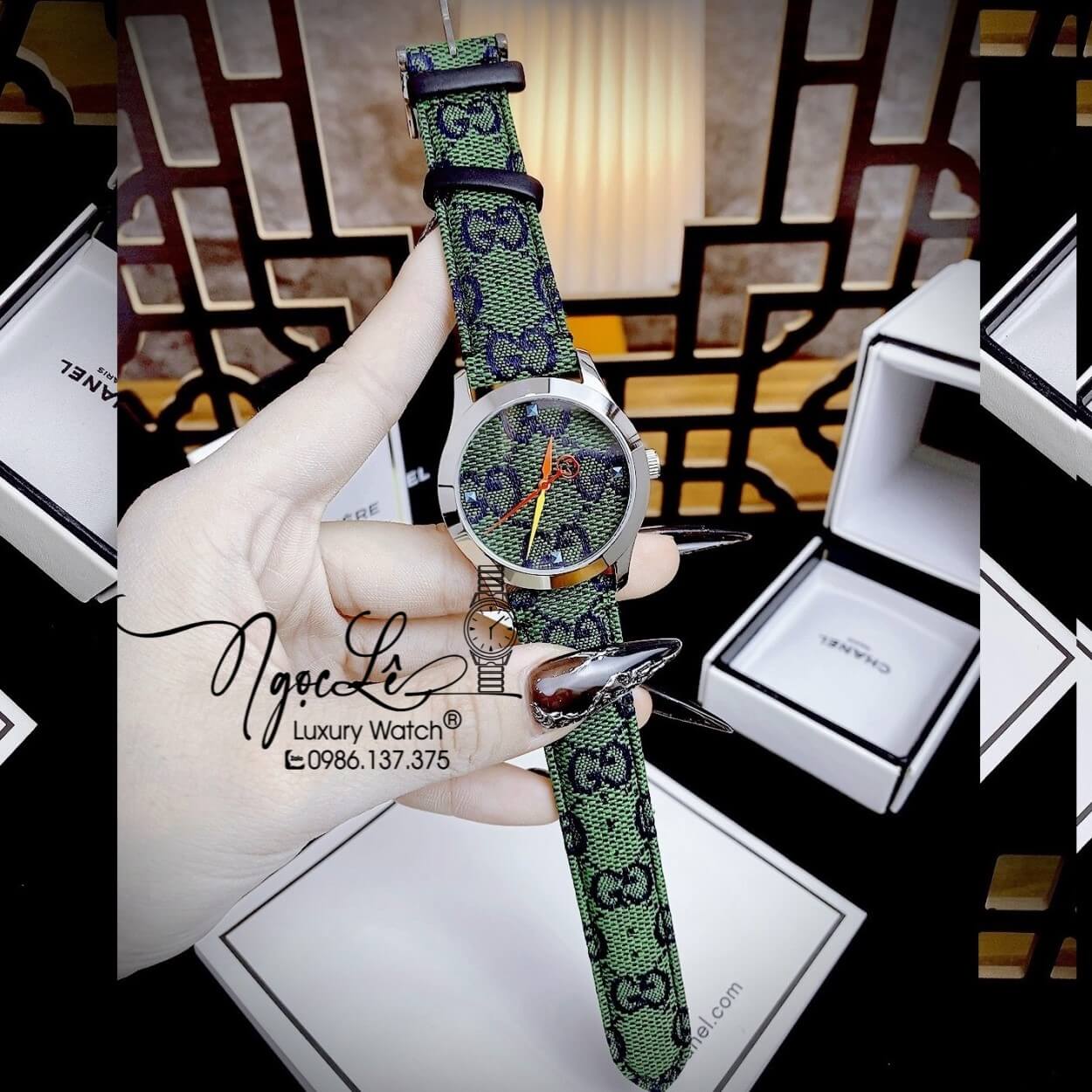 Đồng Hồ Nữ Gucci Multicolor G-Timeless Dây Da Xanh Lá Size 38mm