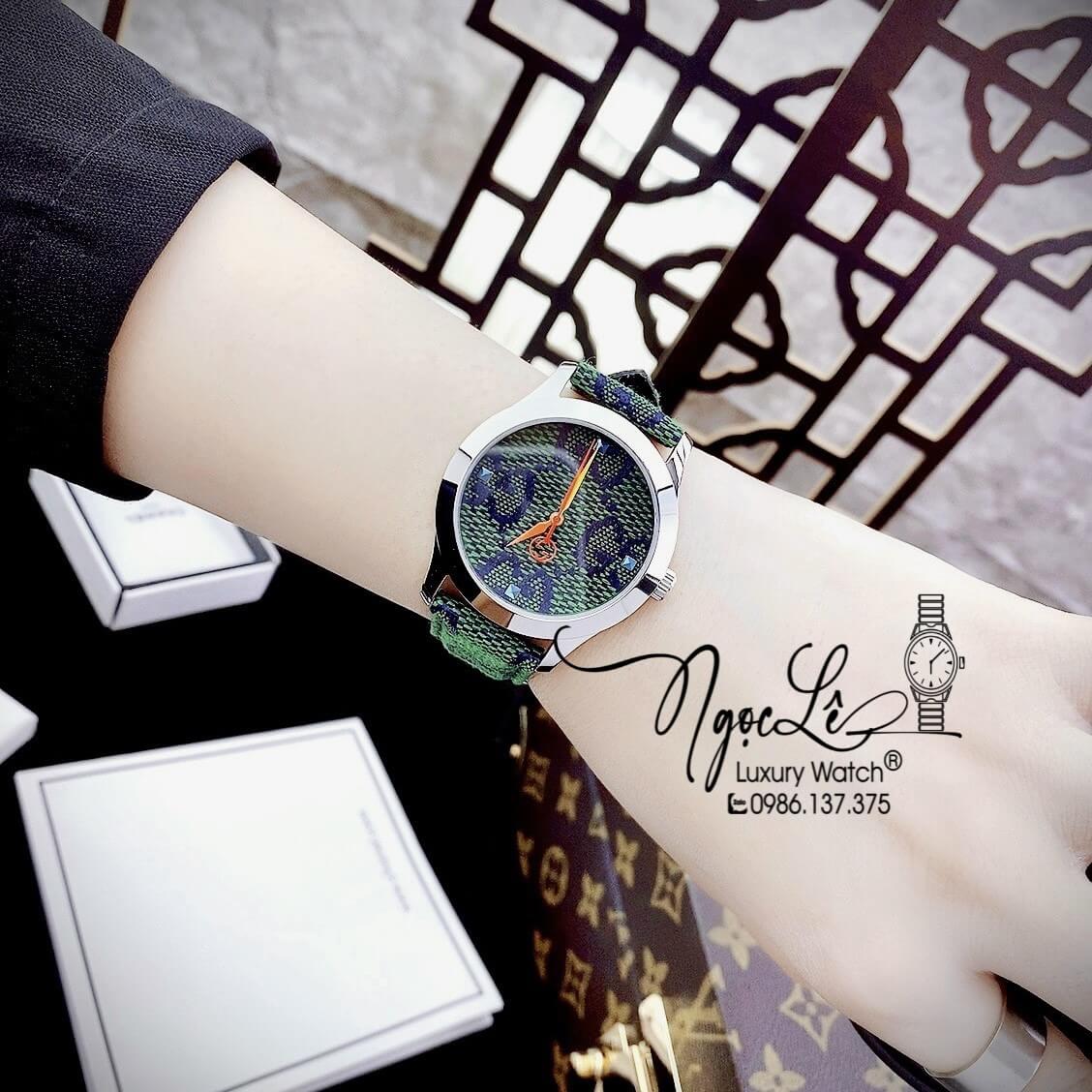 Đồng Hồ Nữ Gucci Multicolor G-Timeless Dây Da Xanh Lá Size 38mm