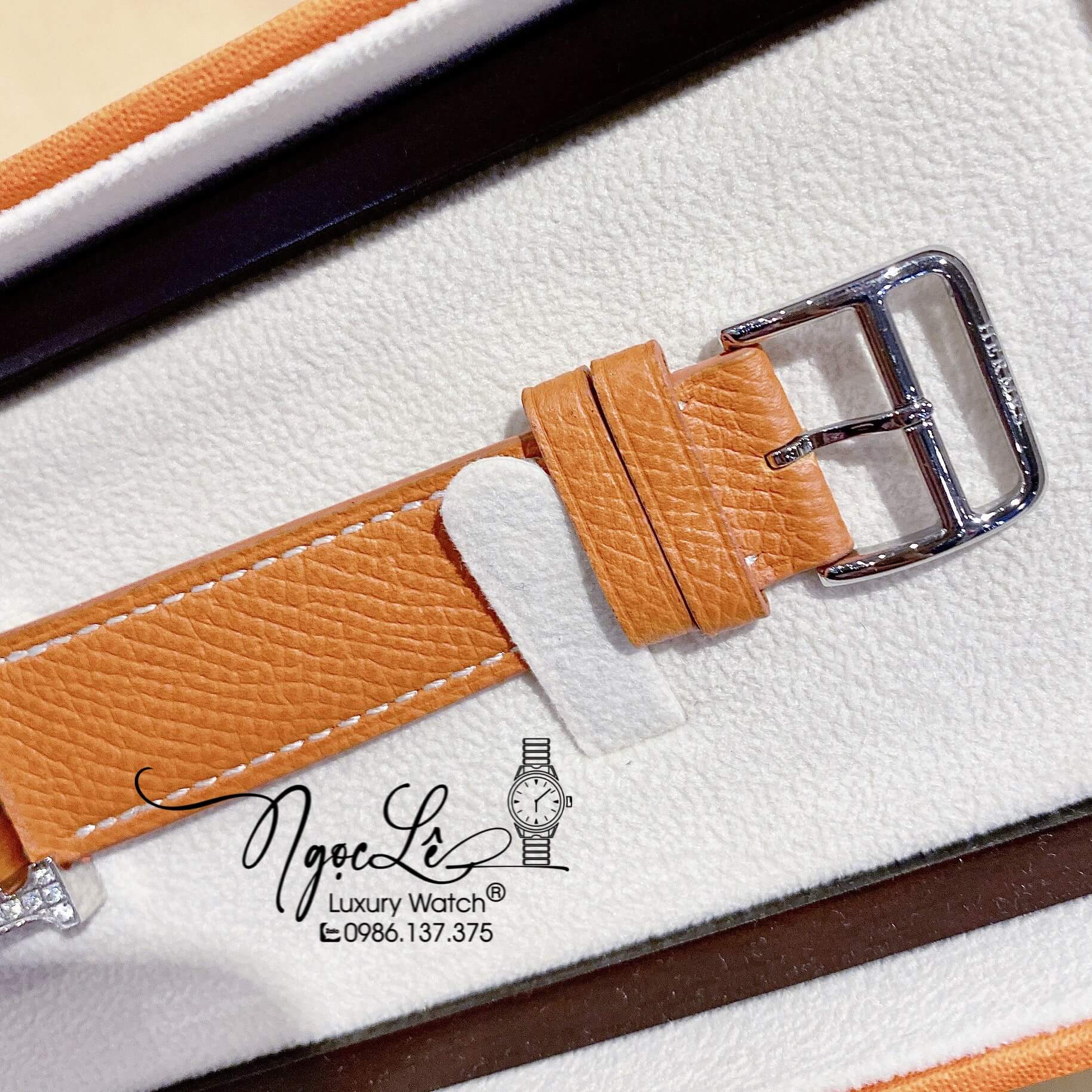 Đồng Hồ Nữ Hermes H Dây Da Màu Cam Mặt Vuông Đính Đá Size 26x26mm