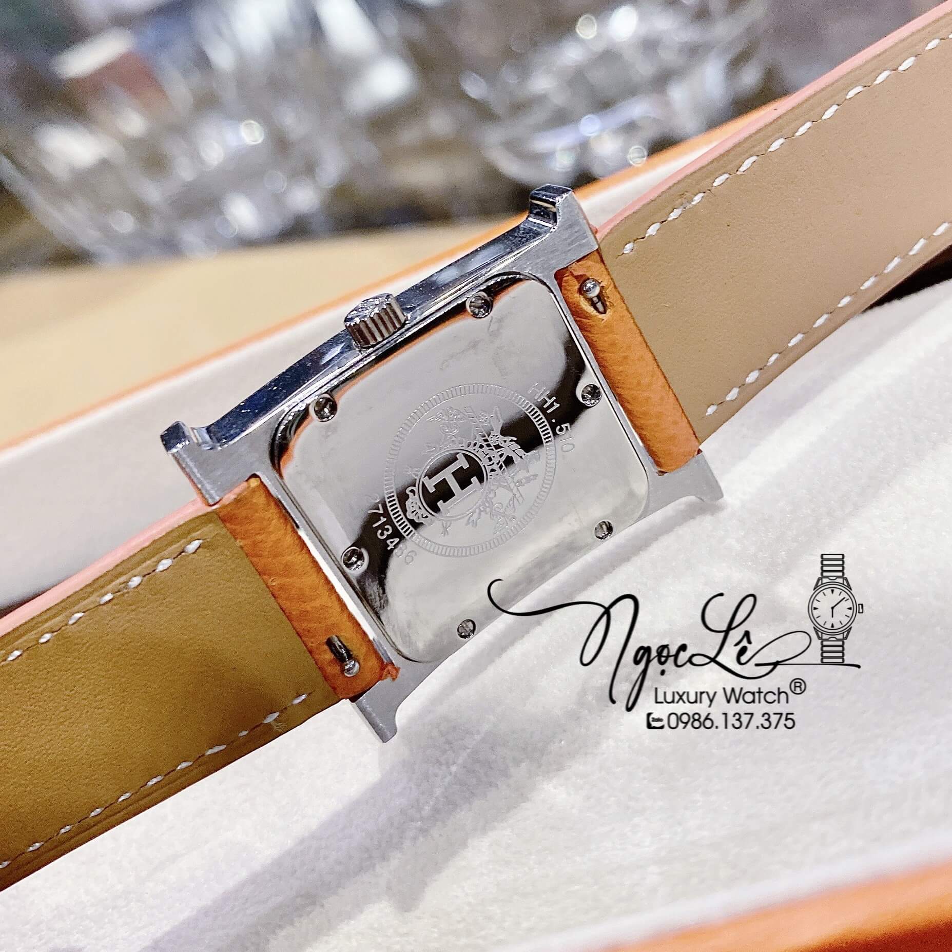 Đồng Hồ Nữ Hermes H Dây Da Màu Cam Mặt Vuông Đính Đá Size 26x26mm