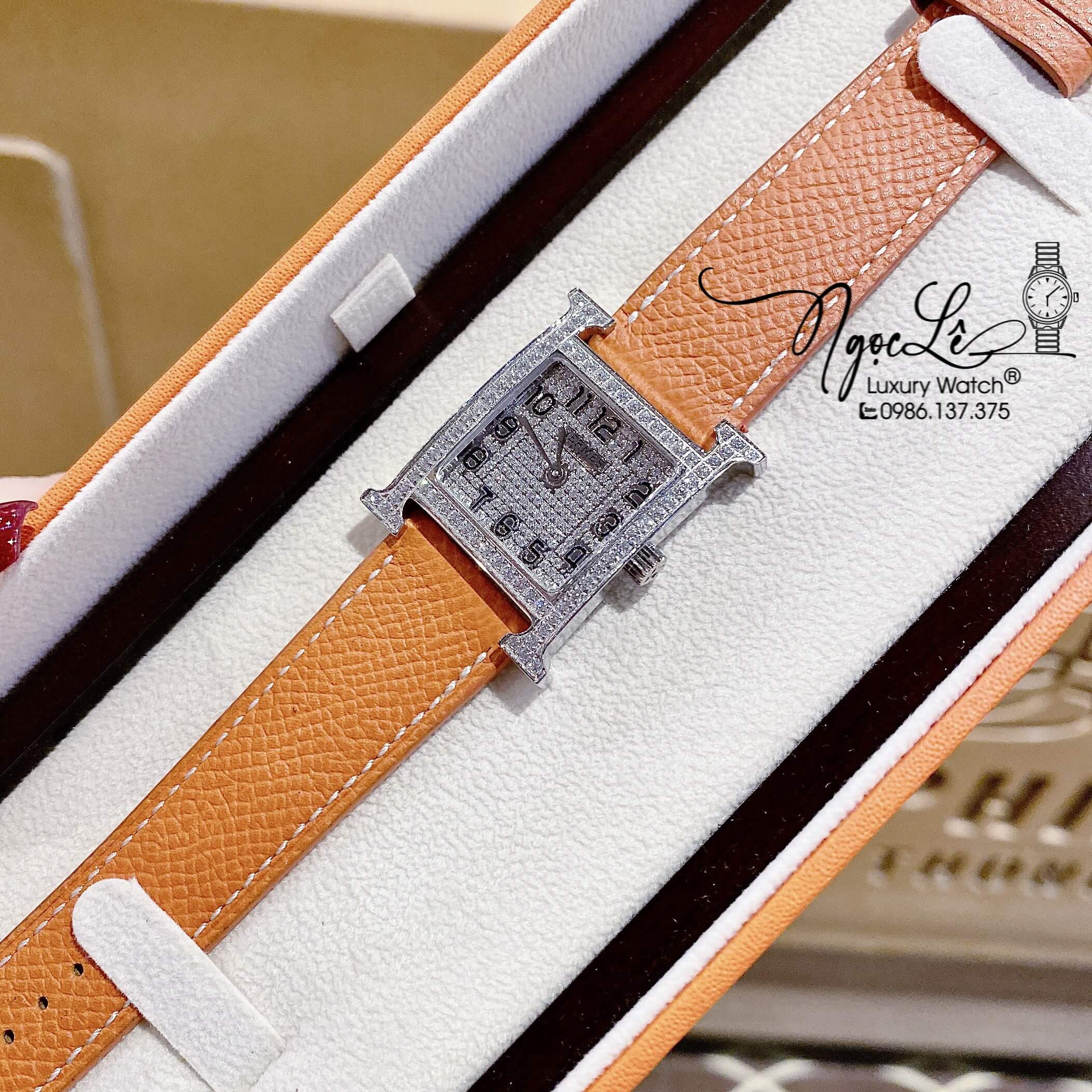 Đồng Hồ Nữ Hermes H Dây Da Màu Cam Mặt Vuông Đính Đá Size 26x26mm