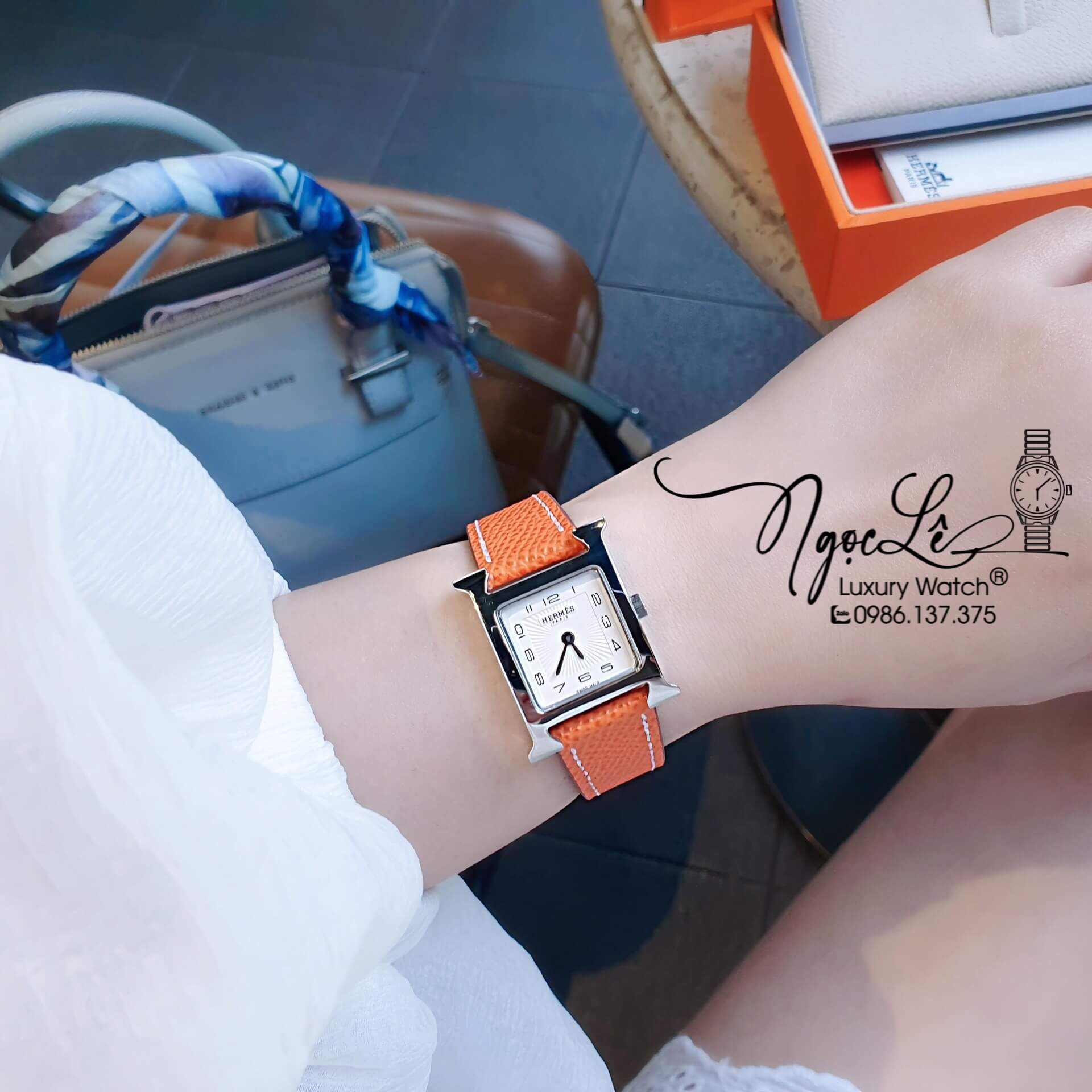 Đồng Hồ Nữ Hermes H Hour Dây Da Màu Cam Vỏ Bạc Silver Size 21x21mm