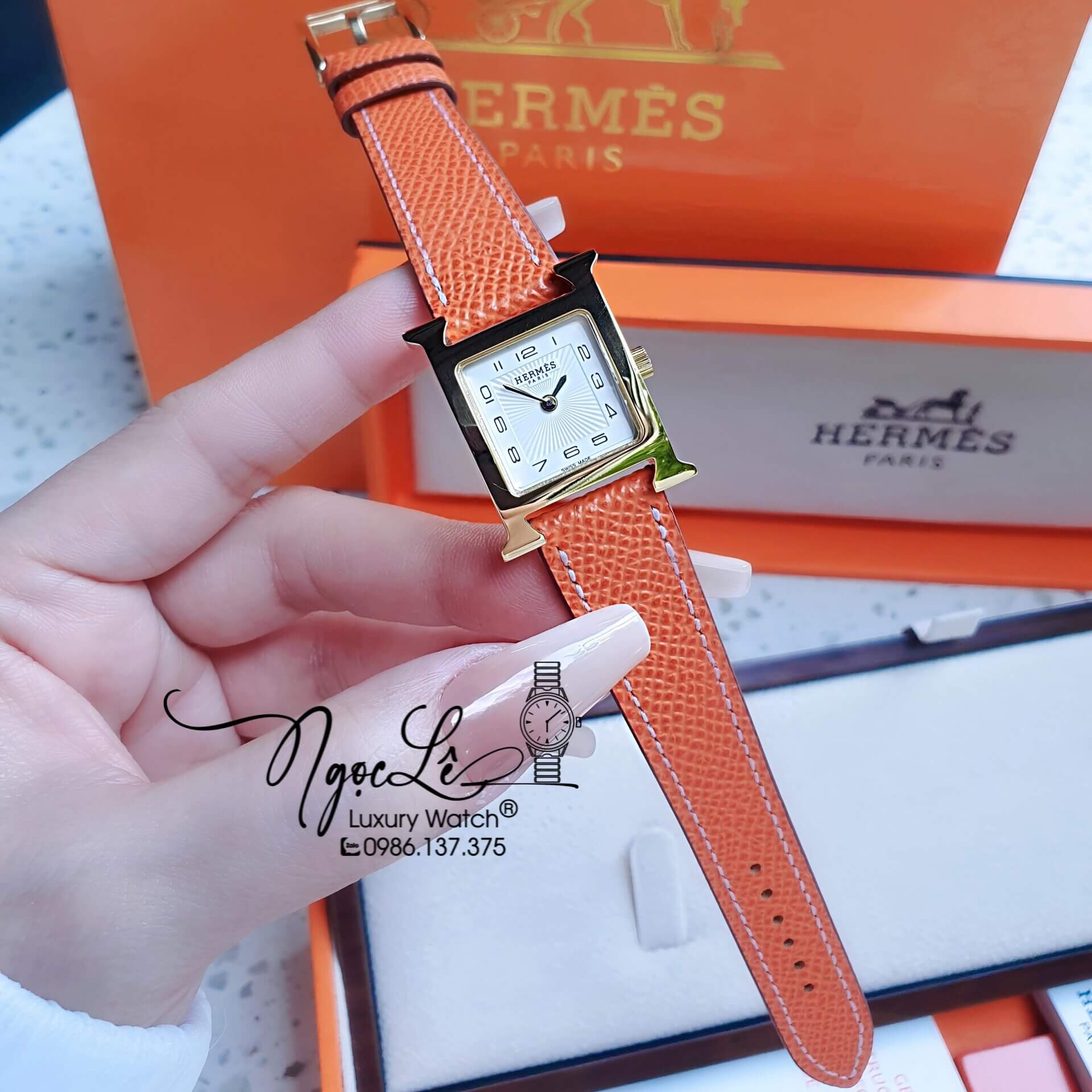 Đồng Hồ Nữ Hermes H Hour Dây Da Màu Cam Vỏ Vàng Gold Size 21x21mm
