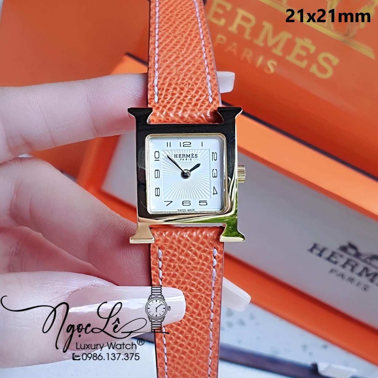 Đồng Hồ Nữ Hermes H Hour Dây Da Màu Cam Vỏ Vàng Gold Size 21x21mm