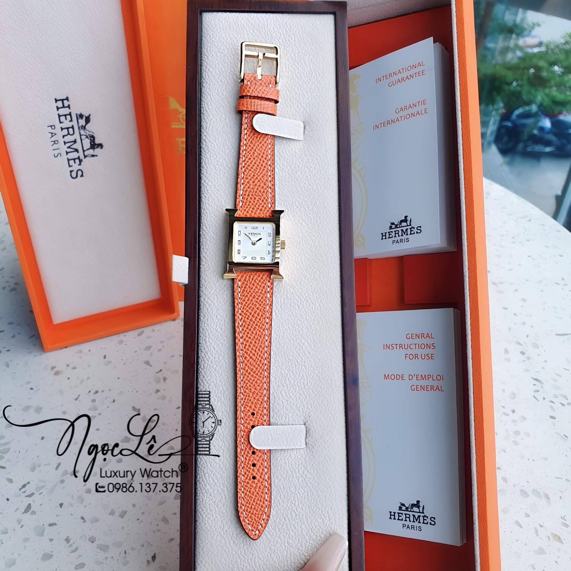 Đồng Hồ Nữ Hermes H Hour Dây Da Màu Cam Vỏ Vàng Gold Size 21x21mm