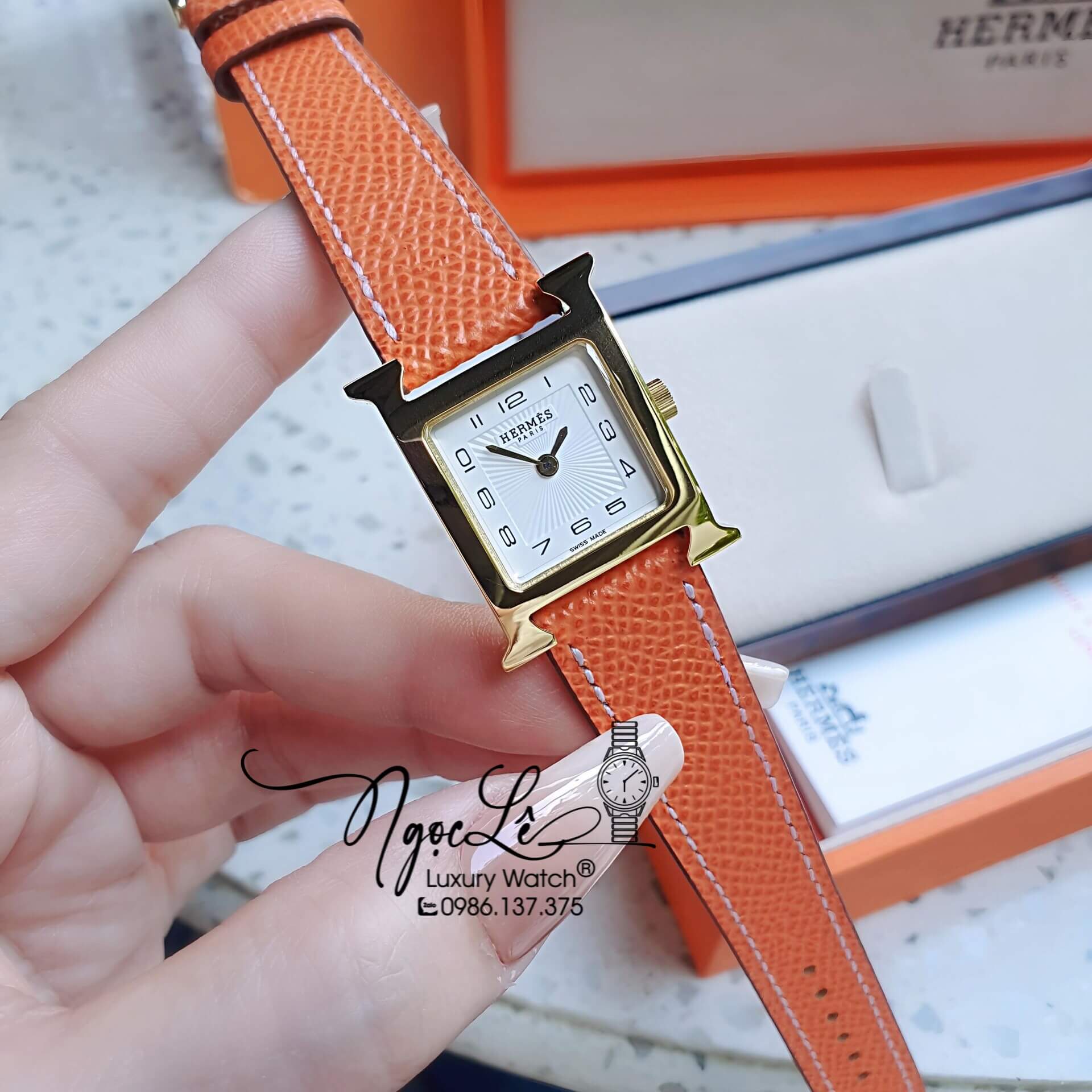 Đồng Hồ Nữ Hermes H Hour Dây Da Màu Cam Vỏ Vàng Gold Size 21x21mm