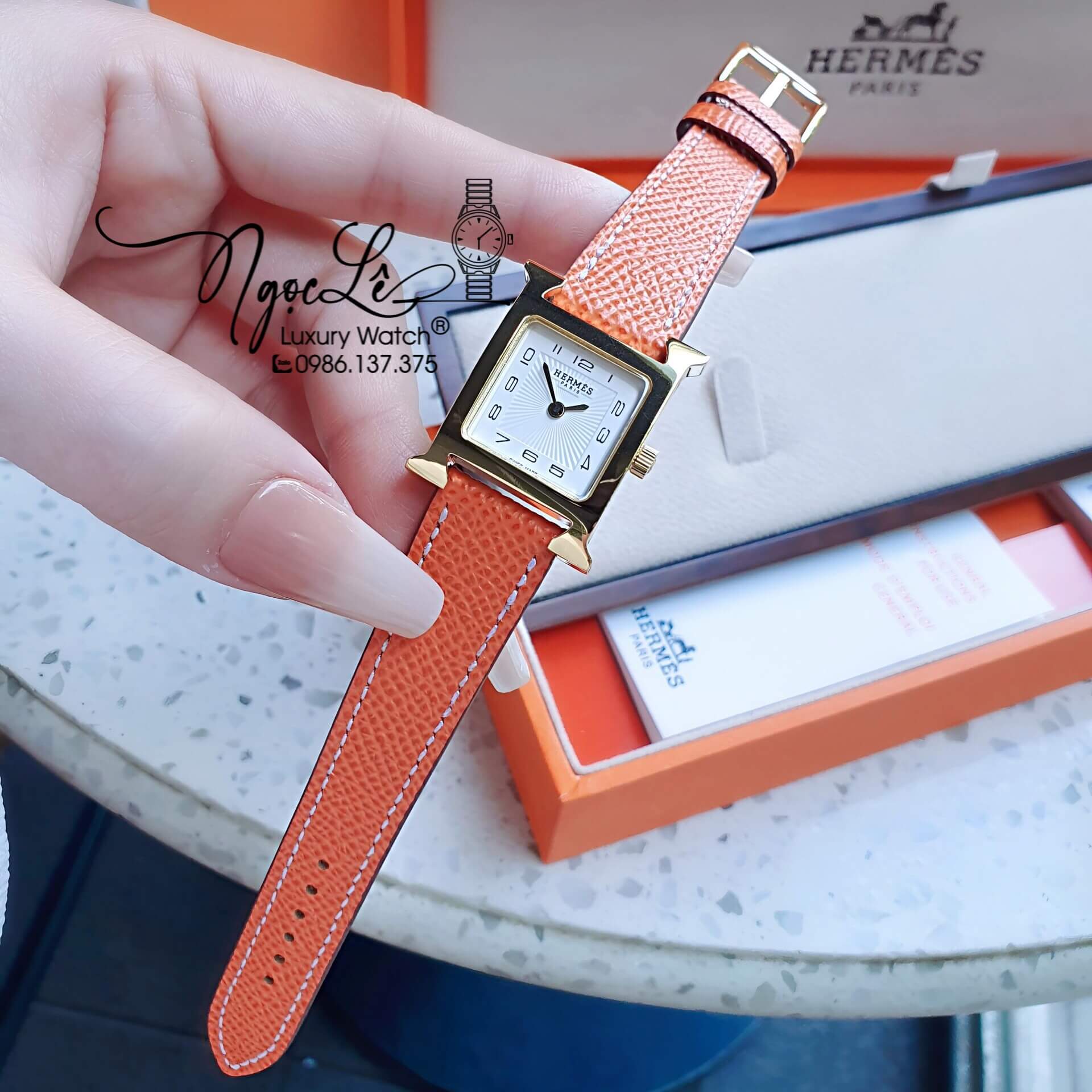 Đồng Hồ Nữ Hermes H Hour Dây Da Màu Cam Vỏ Vàng Gold Size 21x21mm