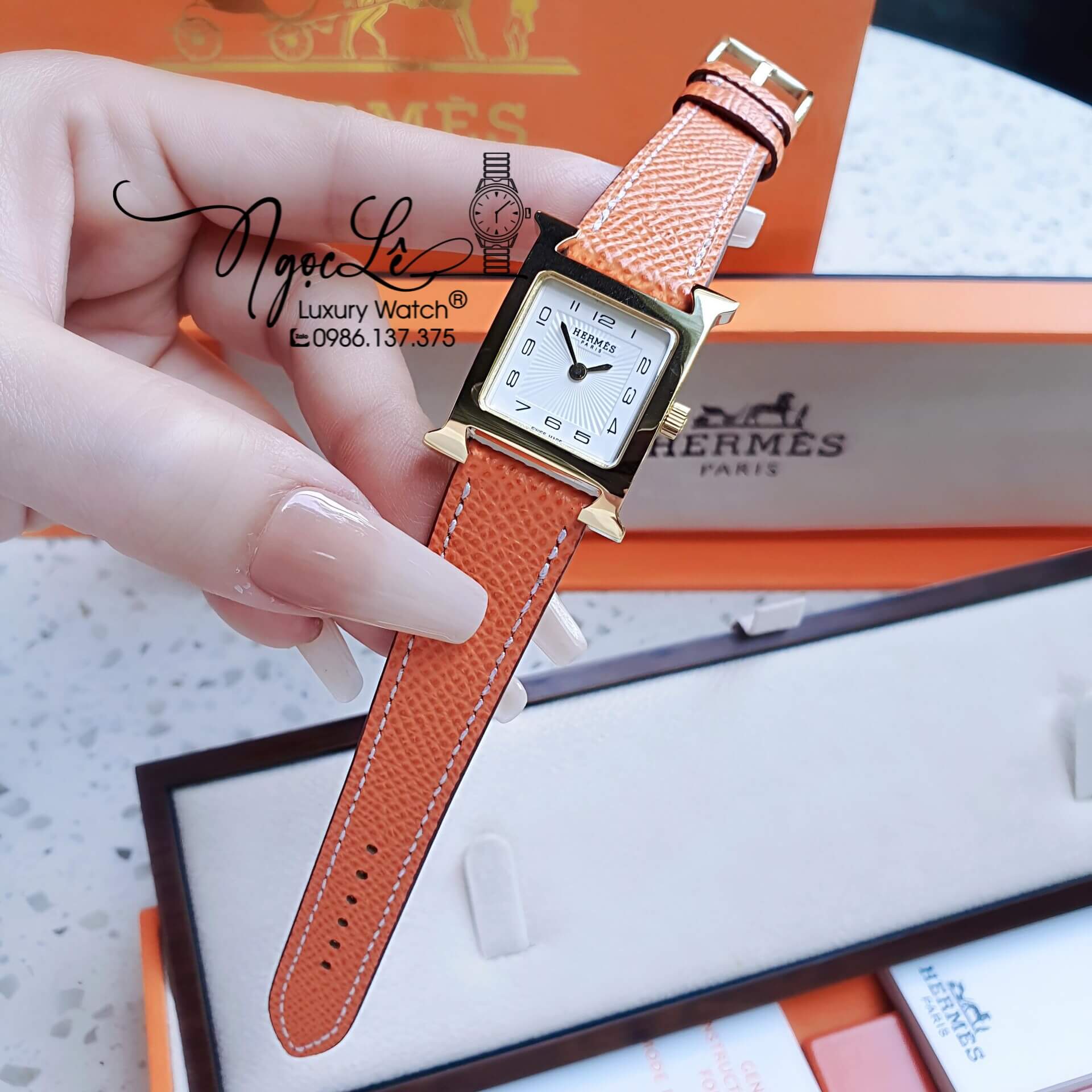 Đồng Hồ Nữ Hermes H Hour Dây Da Màu Cam Vỏ Vàng Gold Size 21x21mm