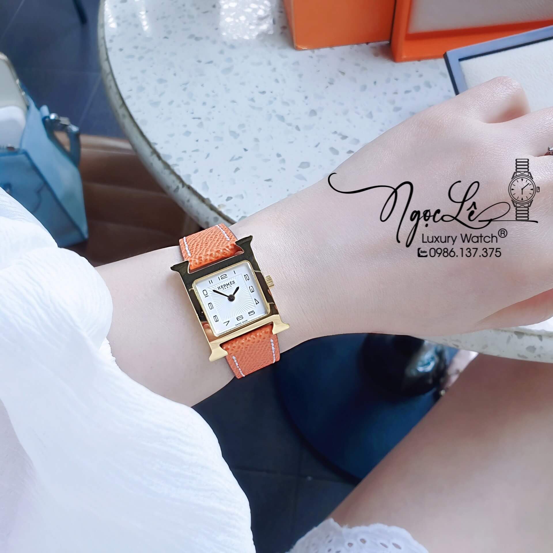 Đồng Hồ Nữ Hermes H Hour Dây Da Màu Cam Vỏ Vàng Gold Size 21x21mm