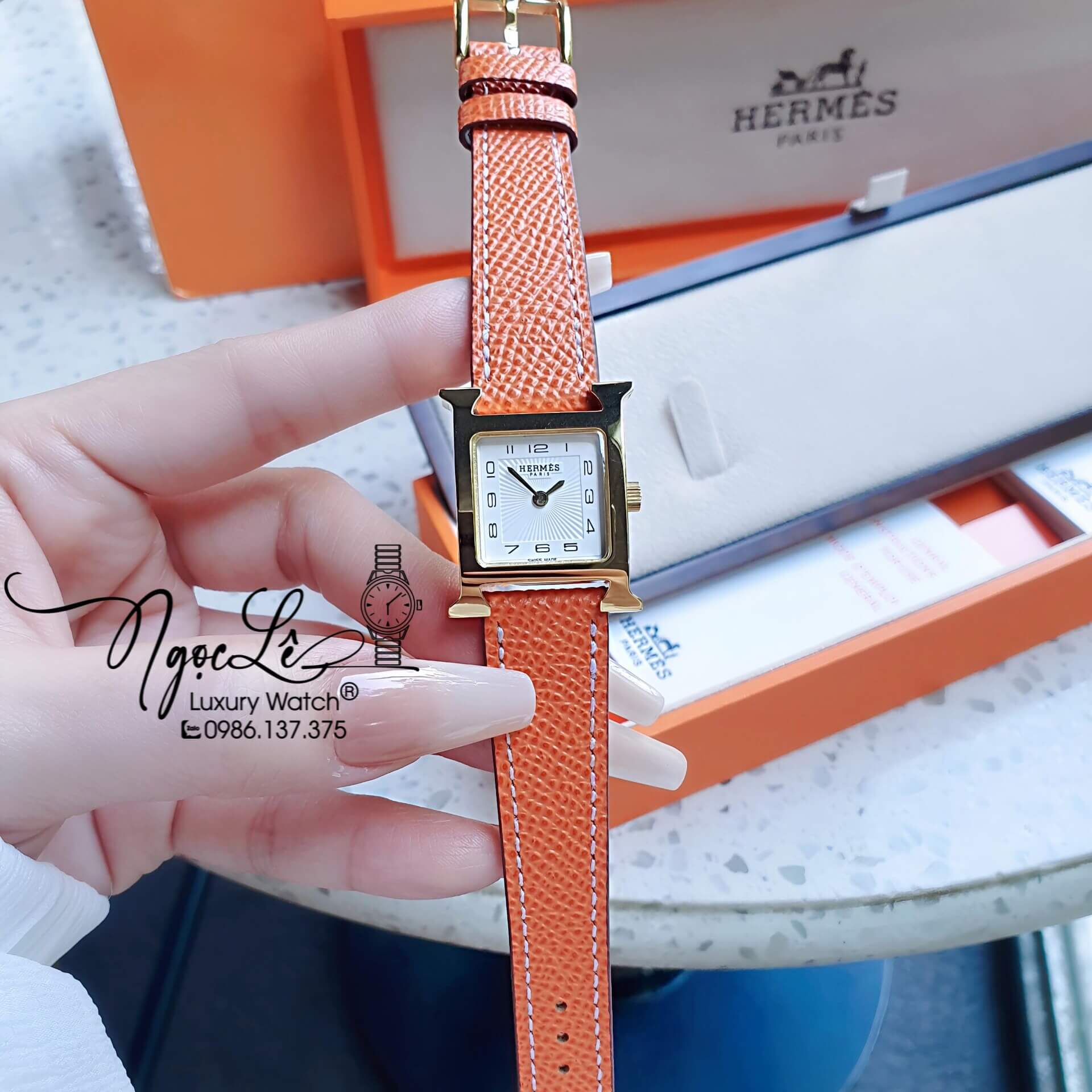 Đồng Hồ Nữ Hermes H Hour Dây Da Màu Cam Vỏ Vàng Gold Size 21x21mm