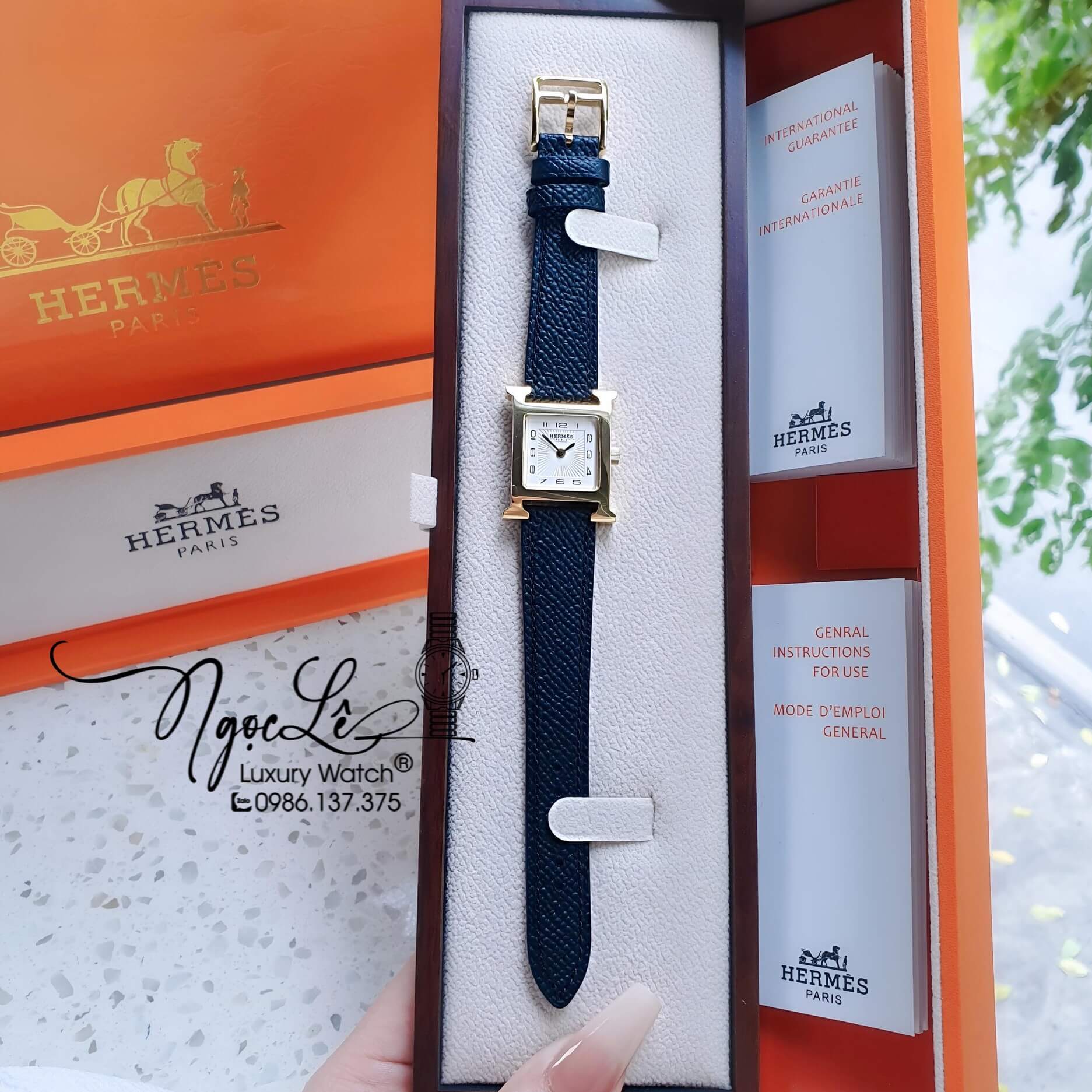 Đồng Hồ Nữ Hermes H Hour Dây Da Màu Đen Vỏ Vàng Gold Size 21x21mm
