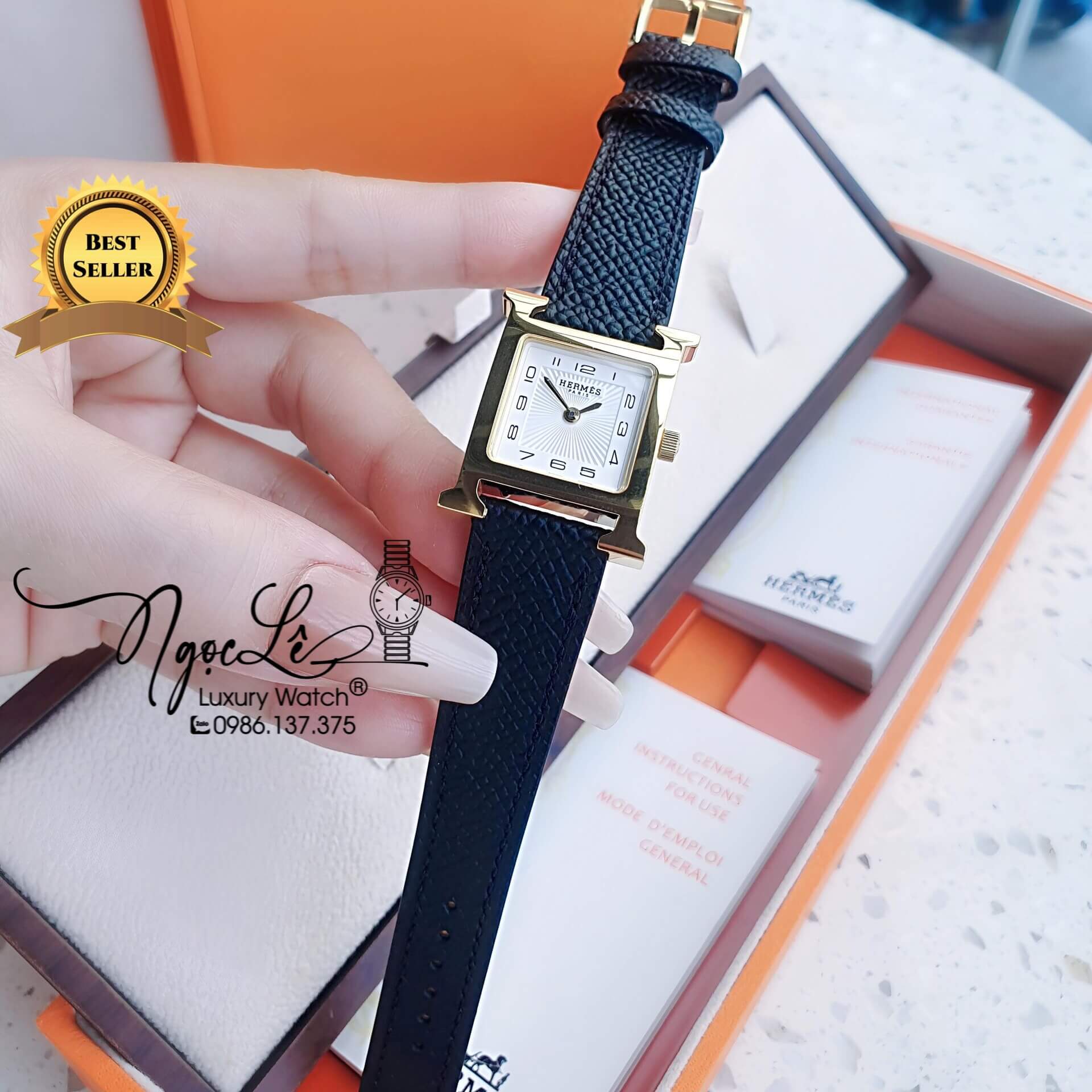Đồng Hồ Nữ Hermes H Hour Dây Da Màu Đen Vỏ Vàng Gold Size 21x21mm