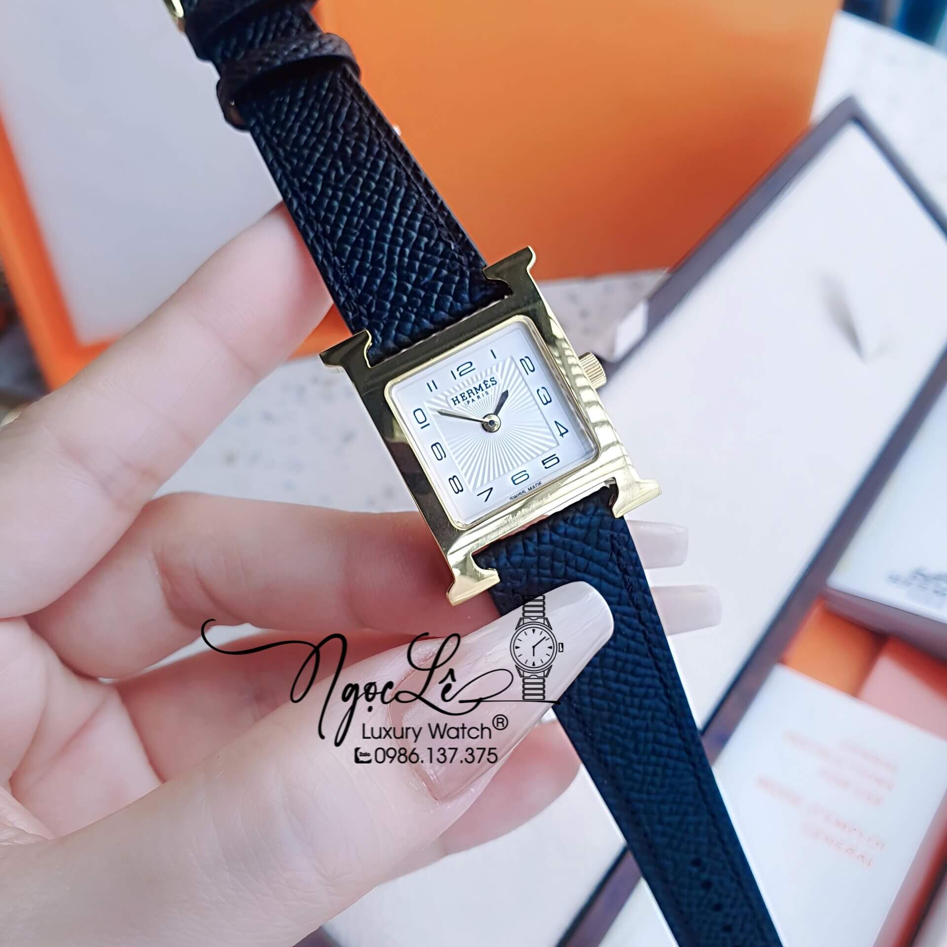 Đồng Hồ Nữ Hermes H Hour Dây Da Màu Đen Vỏ Vàng Gold Size 21x21mm