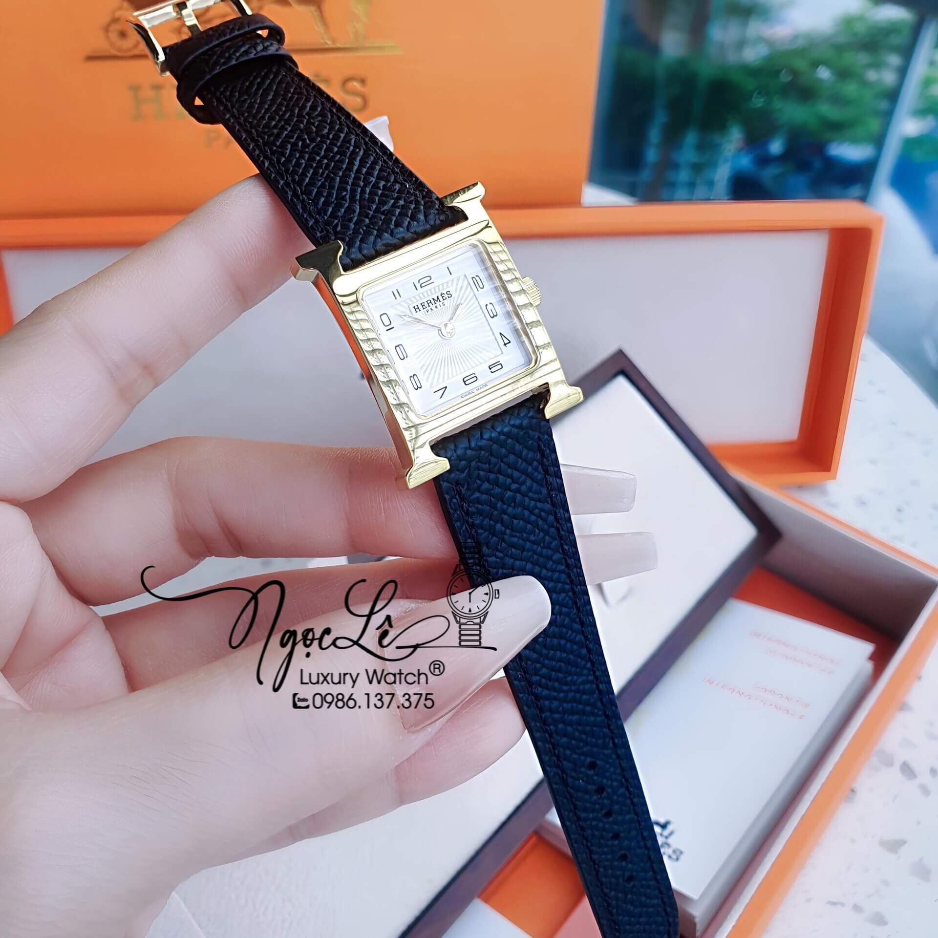 Đồng Hồ Nữ Hermes H Hour Dây Da Màu Đen Vỏ Vàng Gold Size 21x21mm