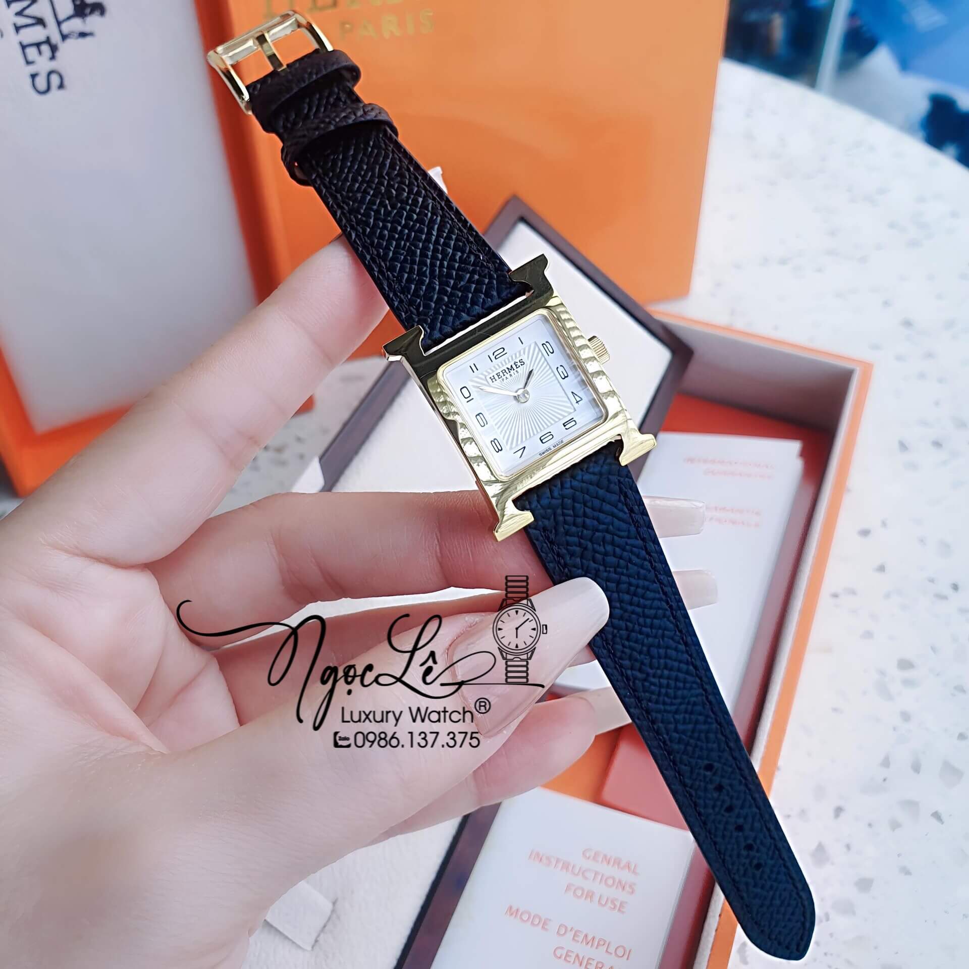 Đồng Hồ Nữ Hermes H Hour Dây Da Màu Đen Vỏ Vàng Gold Size 21x21mm