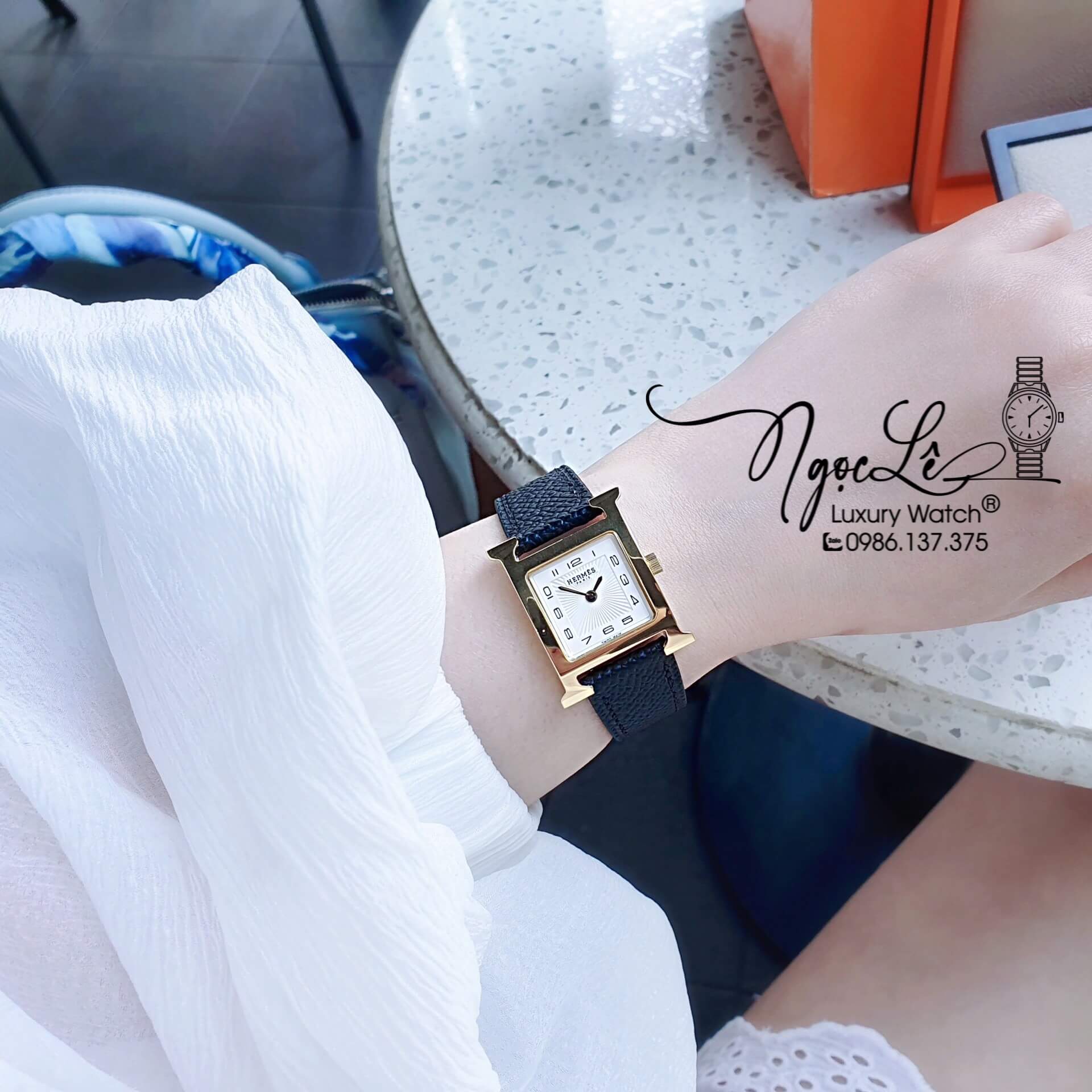 Đồng Hồ Nữ Hermes H Hour Dây Da Màu Đen Vỏ Vàng Gold Size 21x21mm
