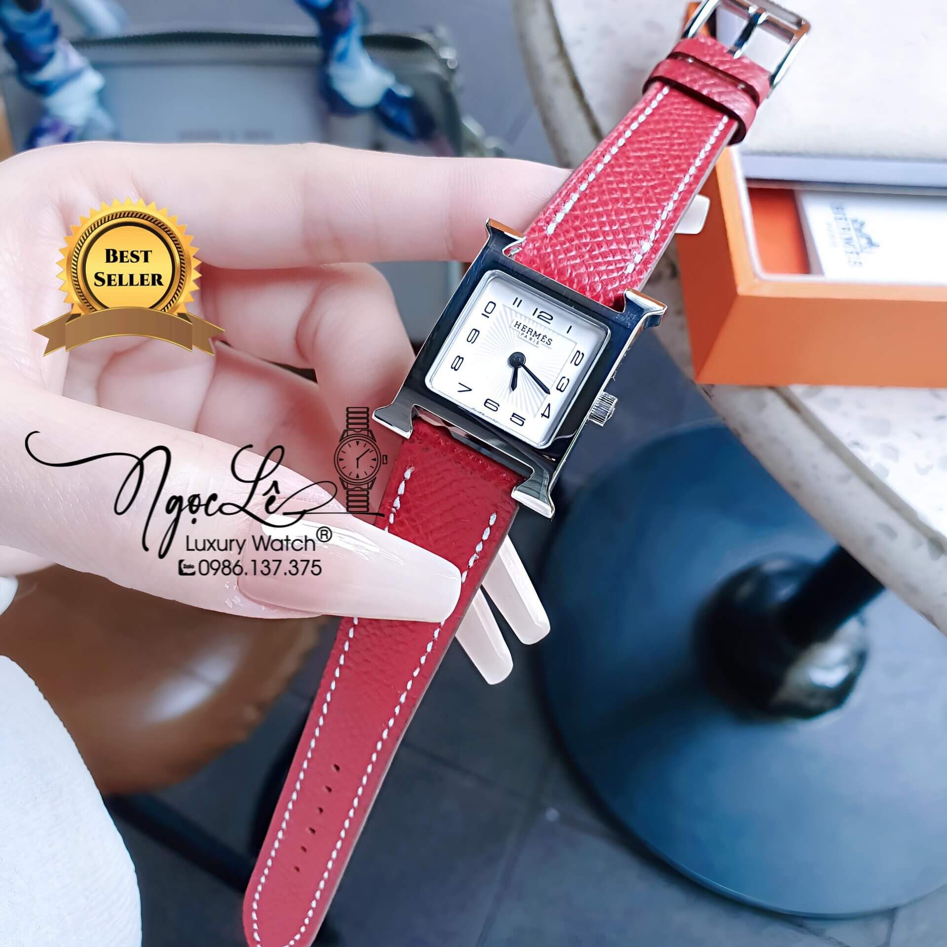 Đồng Hồ Nữ Hermes H Hour Dây Da Màu Đỏ Vỏ Bạc Silver Size 21x21mm