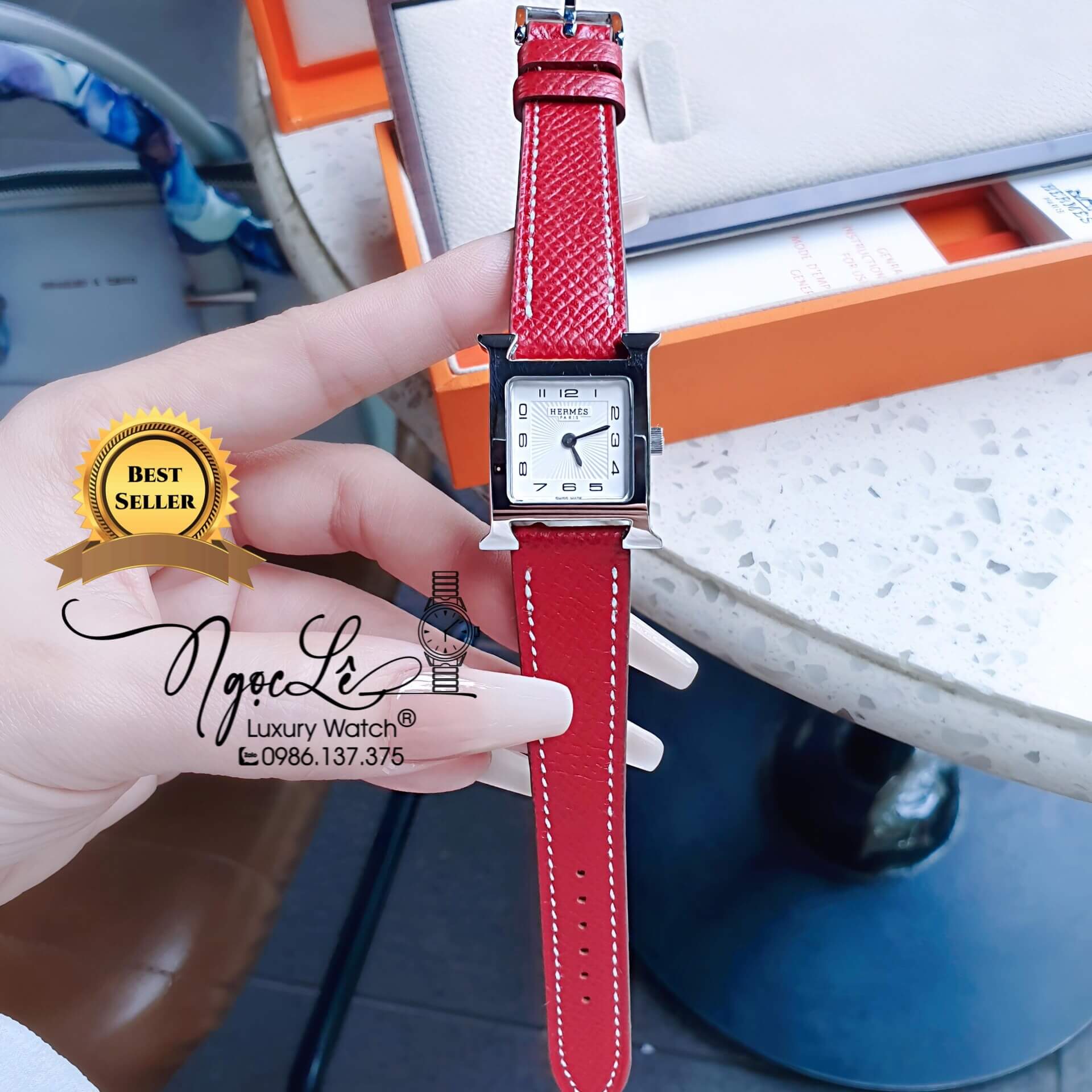Đồng Hồ Nữ Hermes H Hour Dây Da Màu Đỏ Vỏ Bạc Silver Size 21x21mm