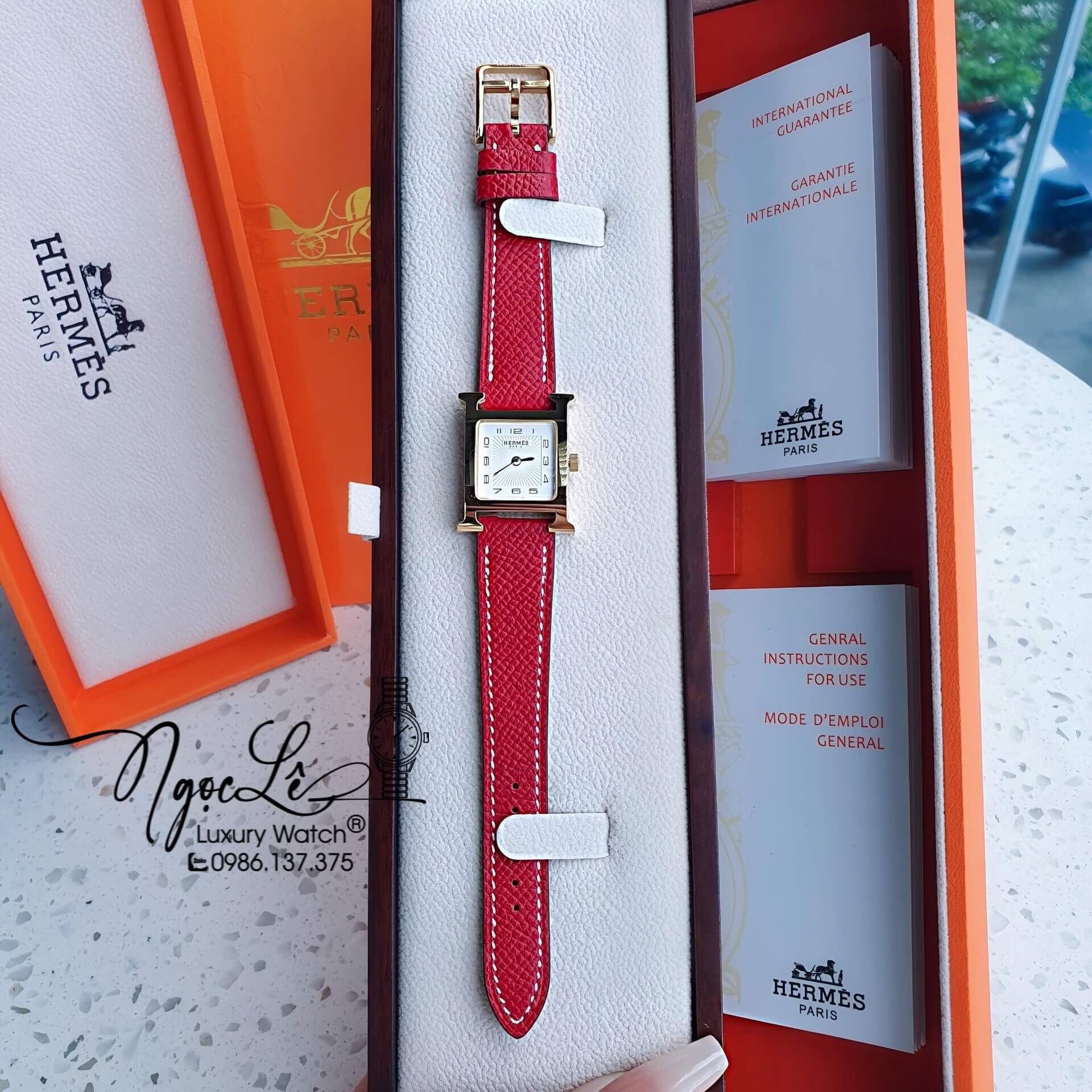Đồng Hồ Nữ Hermes H Hour Dây Da Màu Đỏ Vỏ Vàng Gold Size 21x21mm