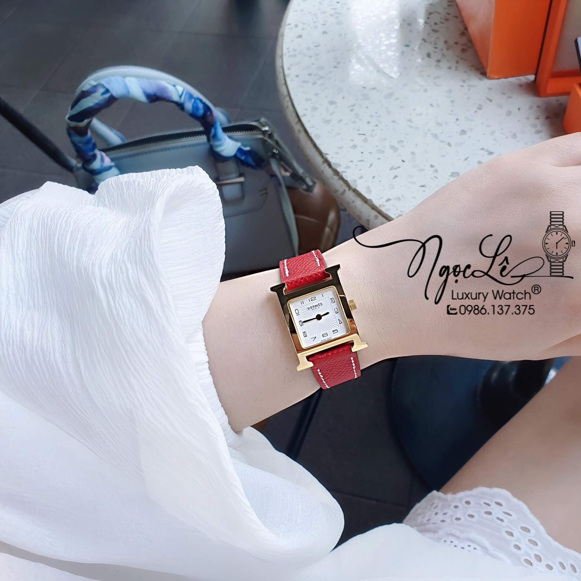 Đồng Hồ Nữ Hermes H Hour Dây Da Màu Đỏ Vỏ Vàng Gold Size 21x21mm