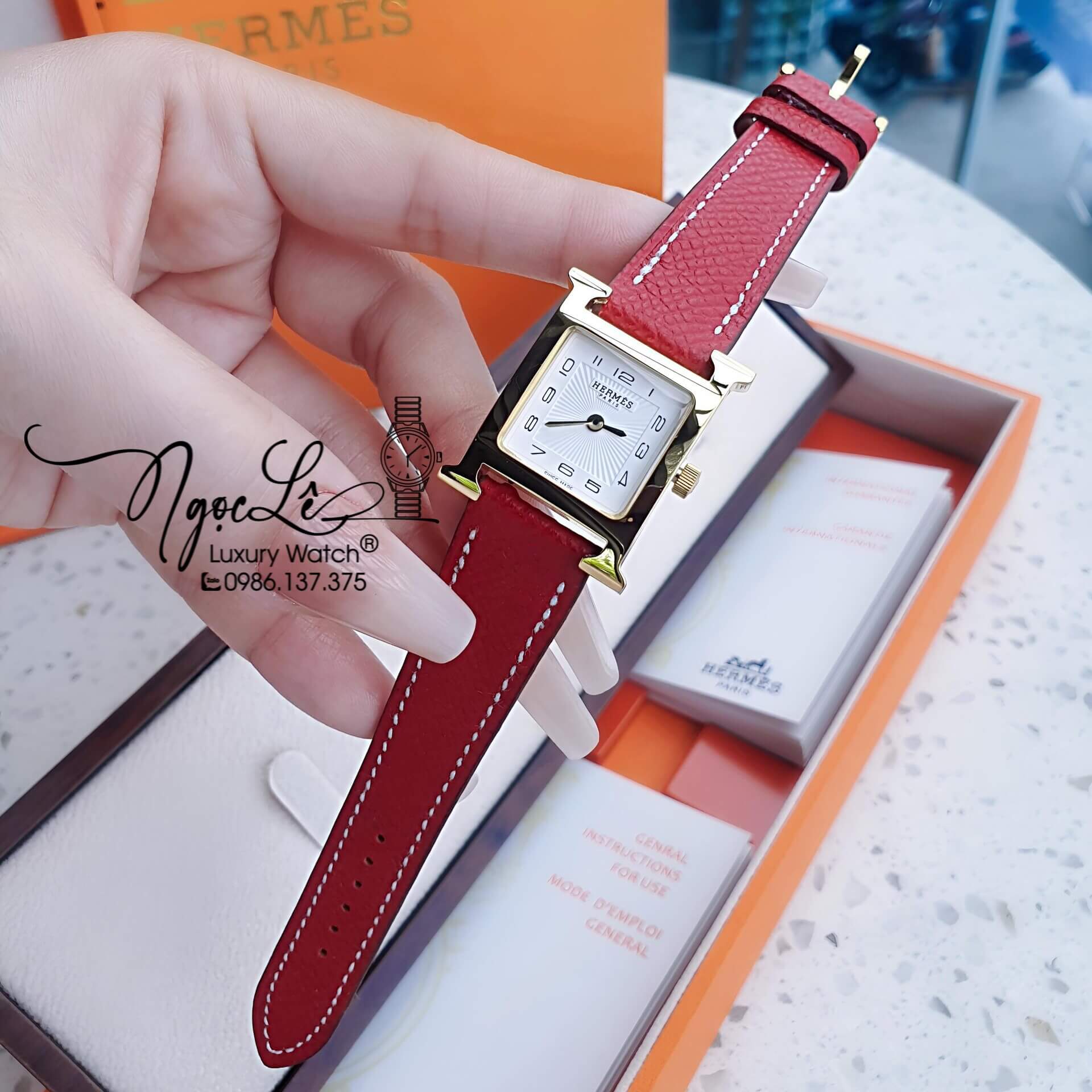 Đồng Hồ Nữ Hermes H Hour Dây Da Màu Đỏ Vỏ Vàng Gold Size 21x21mm