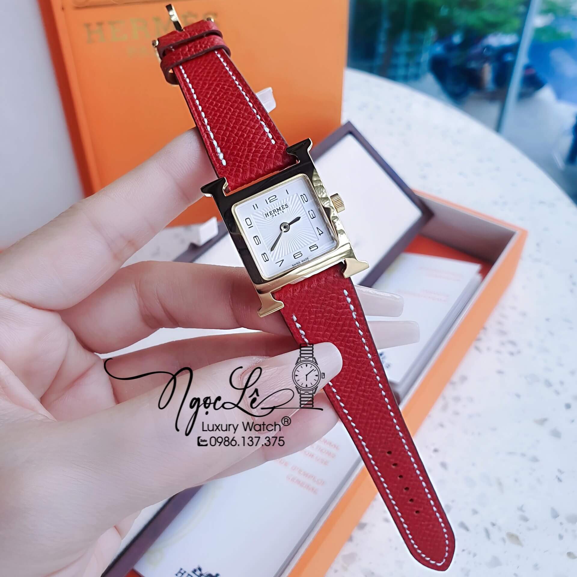 Đồng Hồ Nữ Hermes H Hour Dây Da Màu Đỏ Vỏ Vàng Gold Size 21x21mm