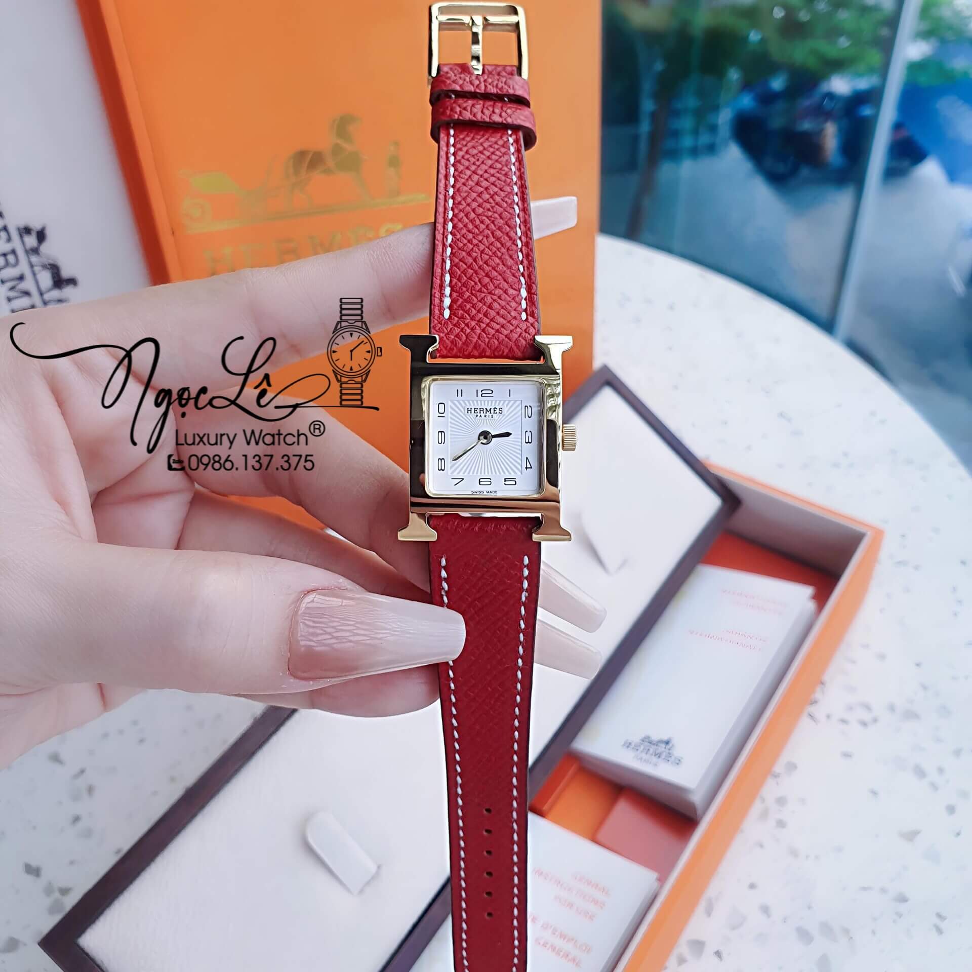 Đồng Hồ Nữ Hermes H Hour Dây Da Màu Đỏ Vỏ Vàng Gold Size 21x21mm