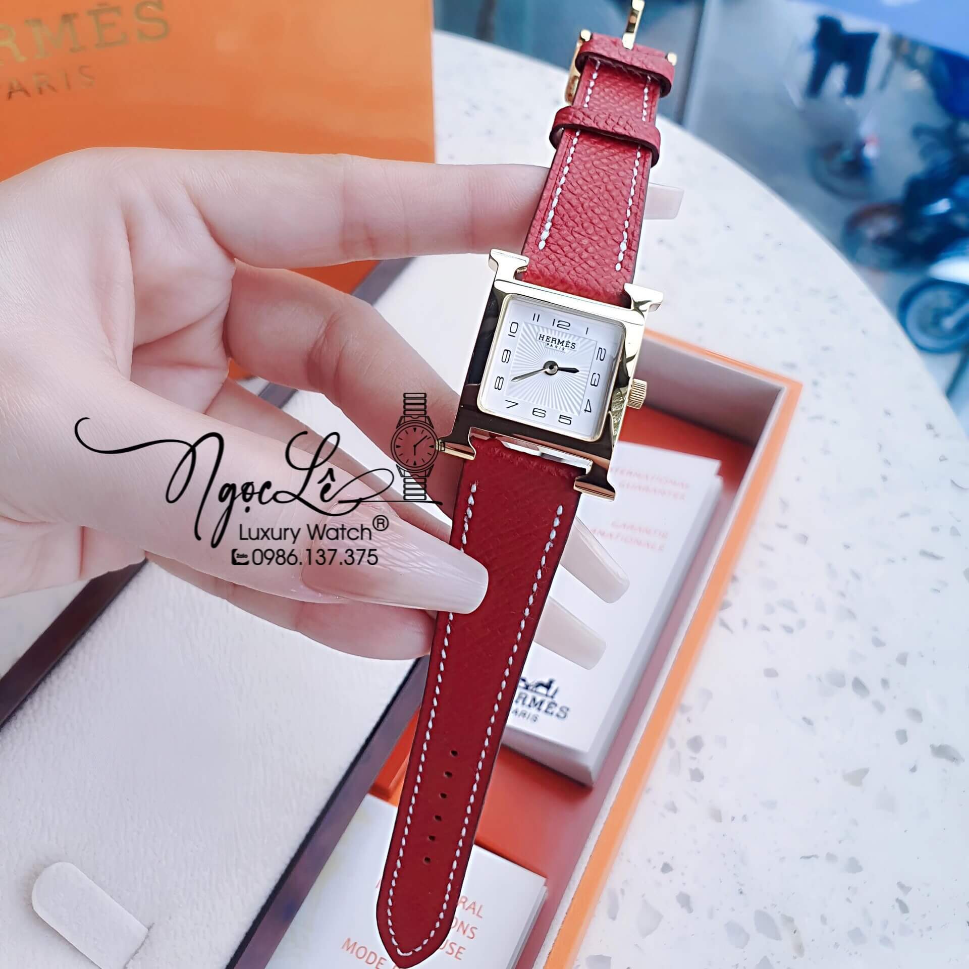 Đồng Hồ Nữ Hermes H Hour Dây Da Màu Đỏ Vỏ Vàng Gold Size 21x21mm