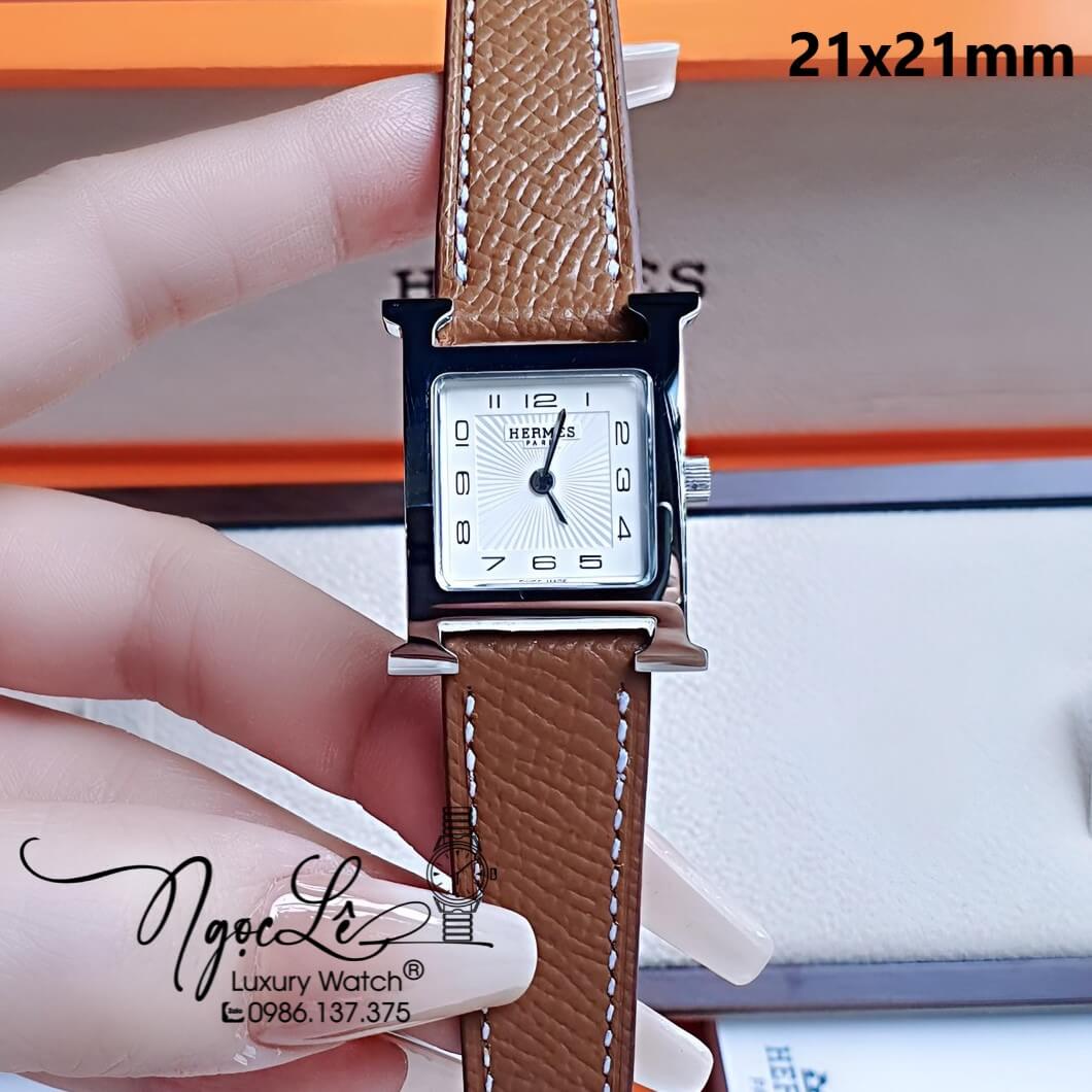 Đồng Hồ Nữ Hermes H Hour Dây Da Màu Nâu Bò Vỏ Bạc Silver Size 21x21mm