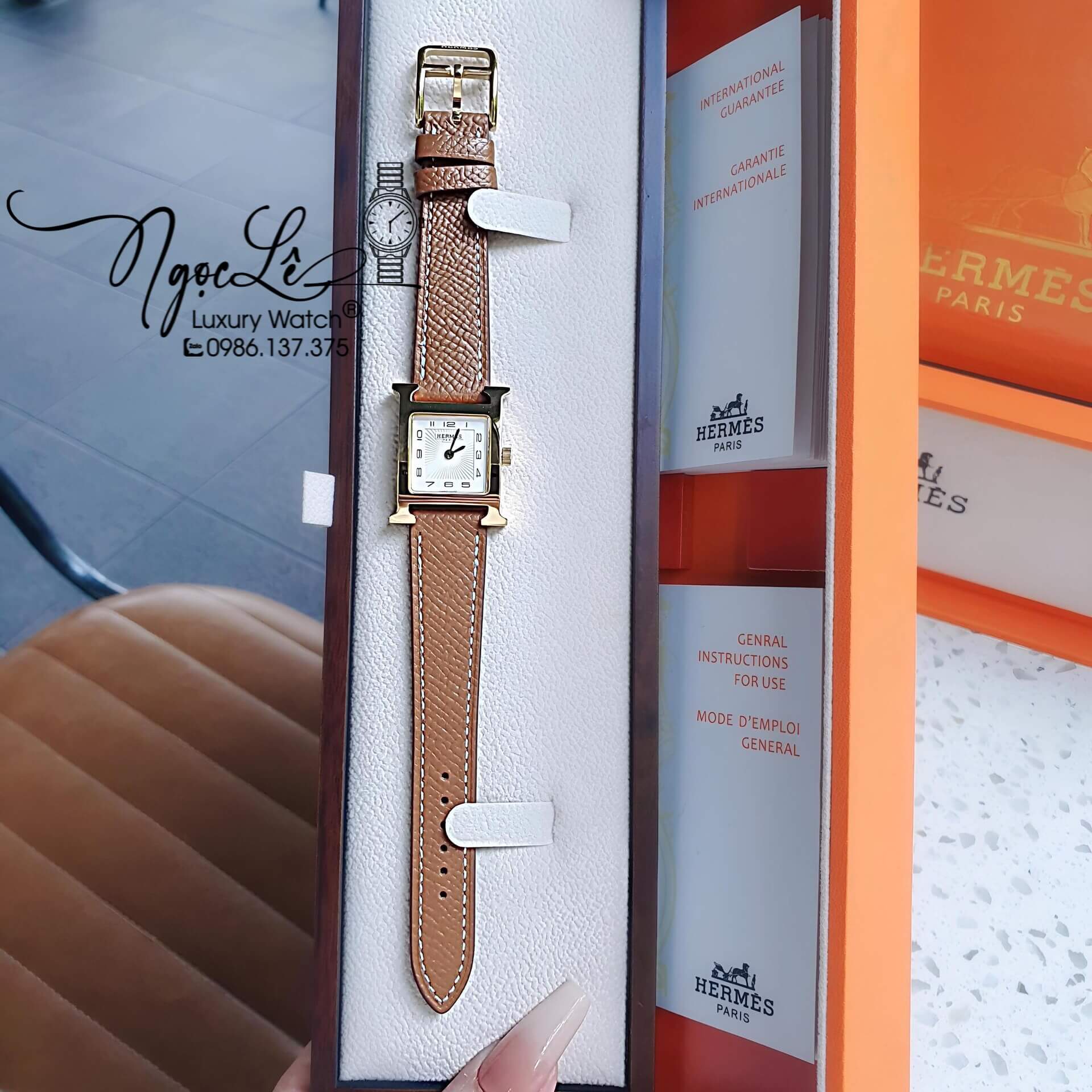 Đồng Hồ Nữ Hermes H Hour Dây Da Màu Nâu Bò Vỏ Vàng Gold Size 21x21mm