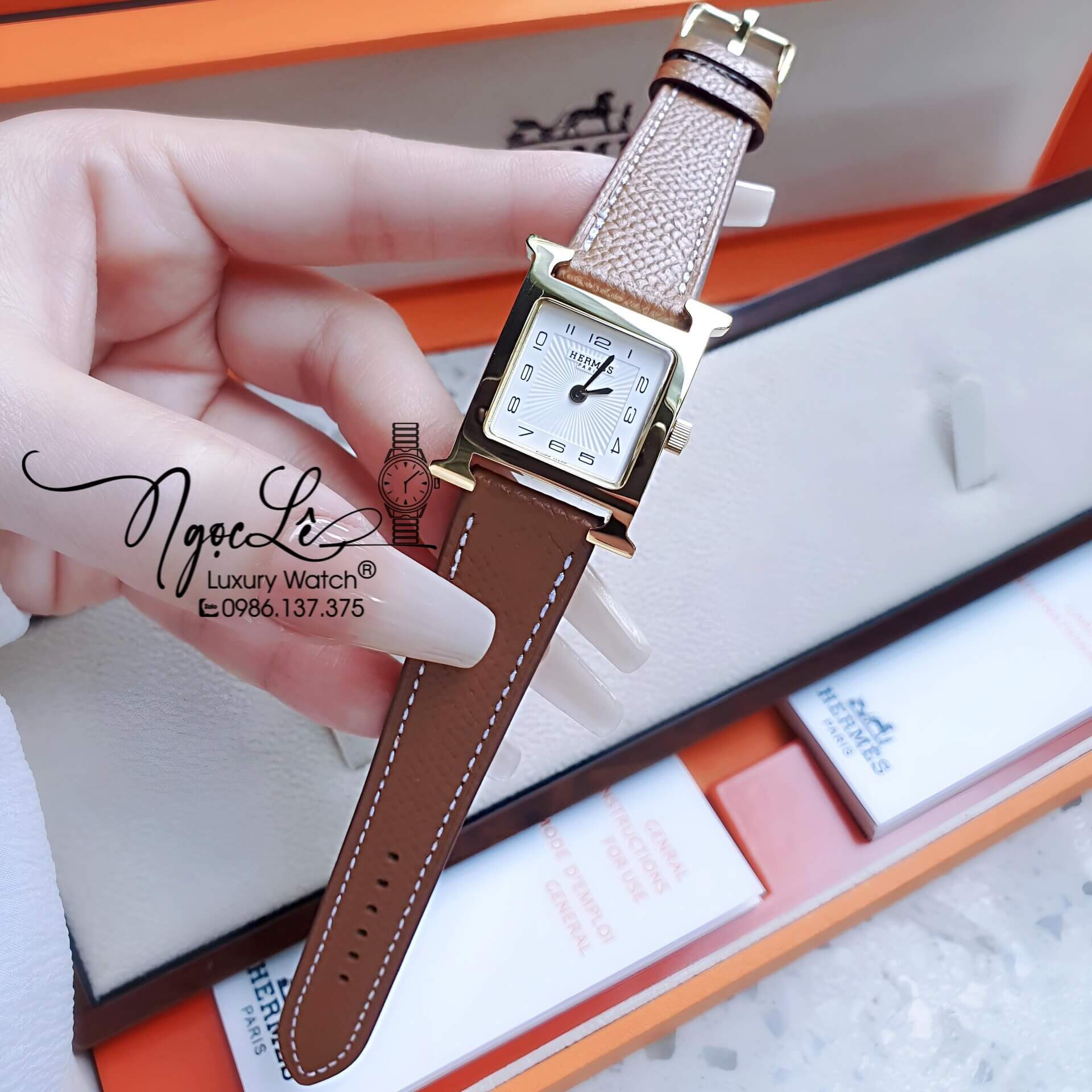 Đồng Hồ Nữ Hermes H Hour Dây Da Màu Nâu Bò Vỏ Vàng Gold Size 21x21mm