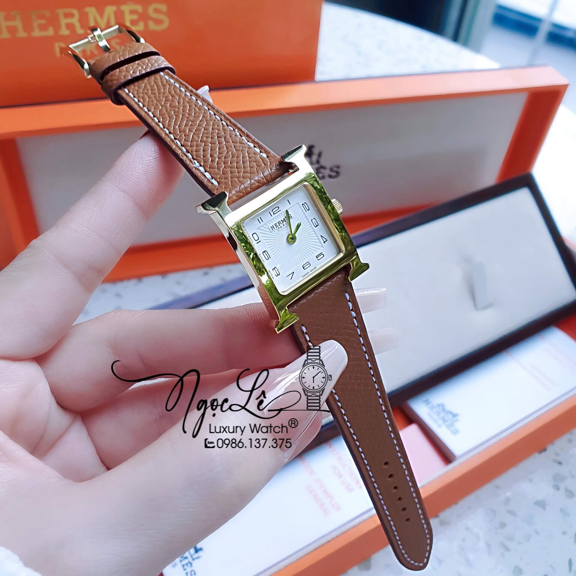 Đồng Hồ Nữ Hermes H Hour Dây Da Màu Nâu Bò Vỏ Vàng Gold Size 21x21mm