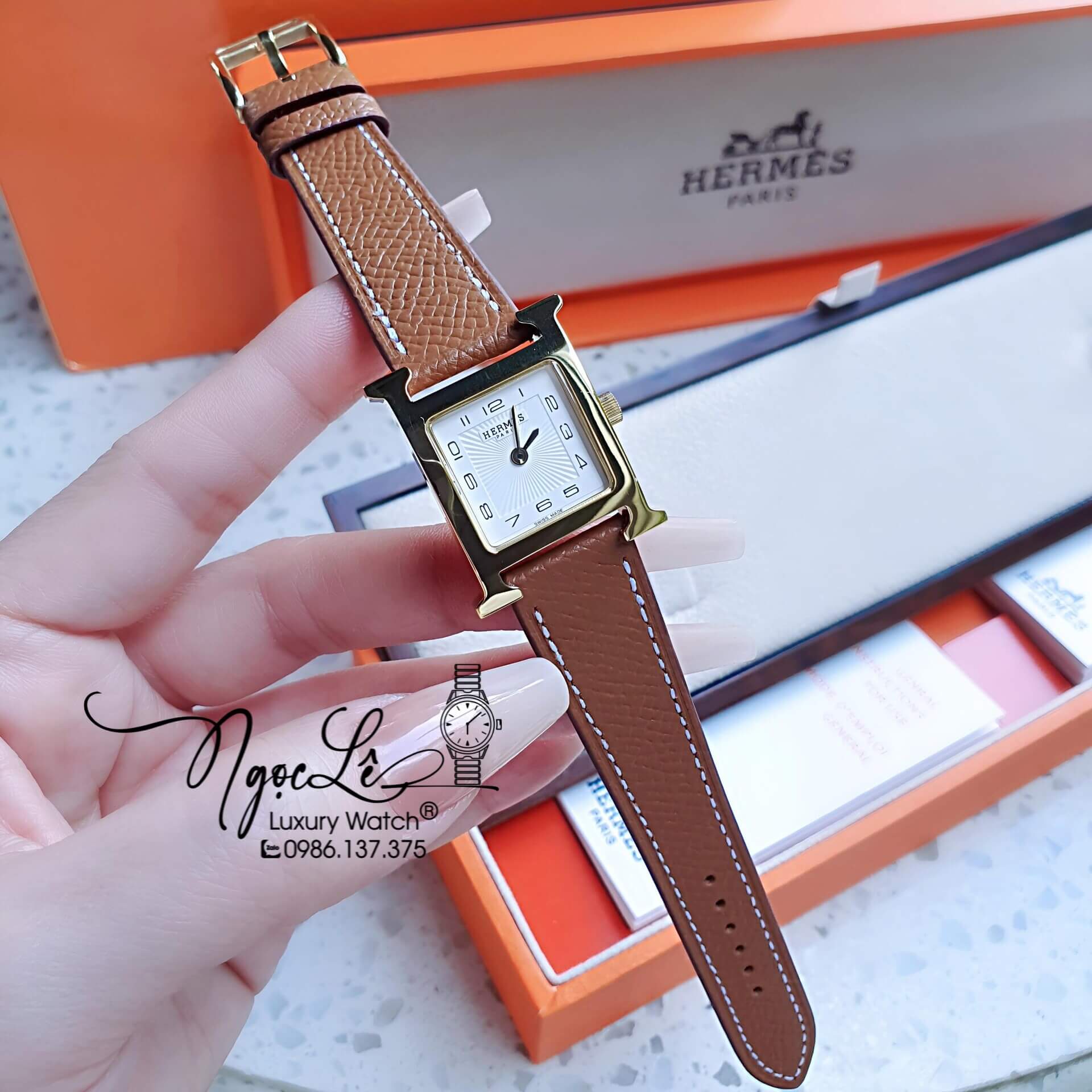 Đồng Hồ Nữ Hermes H Hour Dây Da Màu Nâu Bò Vỏ Vàng Gold Size 21x21mm
