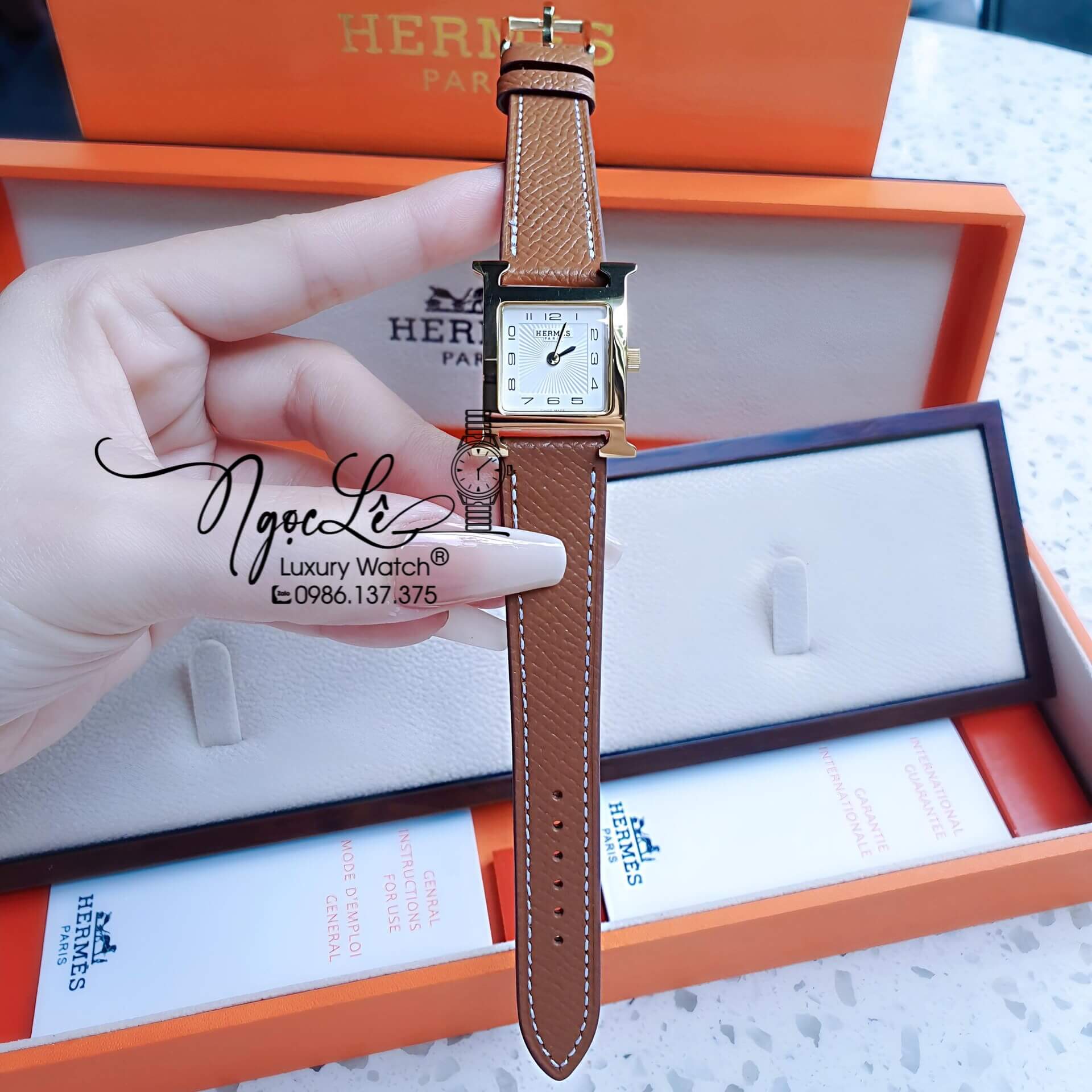 Đồng Hồ Nữ Hermes H Hour Dây Da Màu Nâu Bò Vỏ Vàng Gold Size 21x21mm