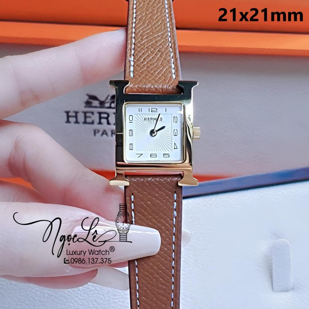 Đồng Hồ Nữ Hermes H Hour Dây Da Màu Nâu Bò Vỏ Vàng Gold Size 21x21mm