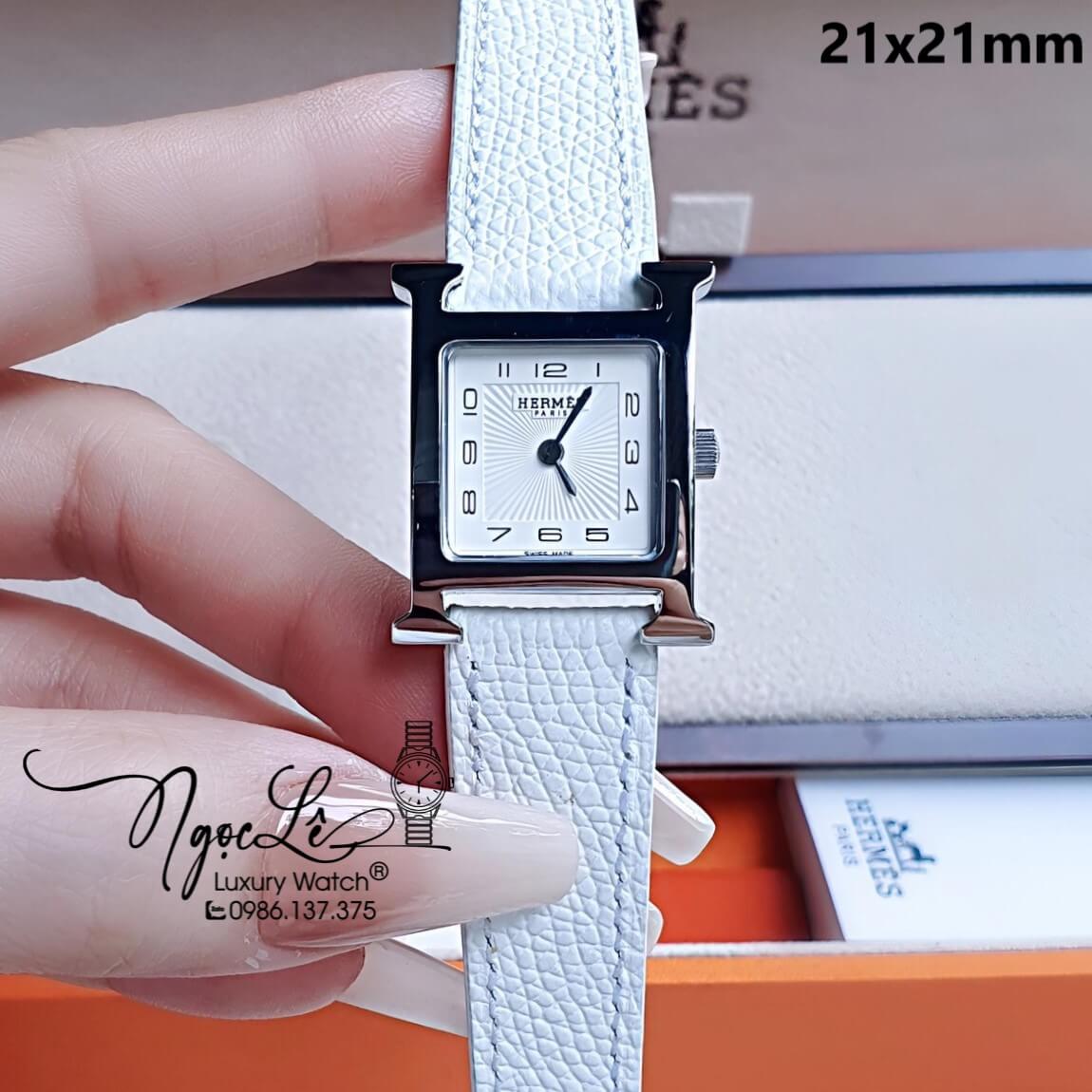 Đồng Hồ Nữ Hermes H Hour Dây Da Màu Trắng Vỏ Bạc Silver Size 21x21mm