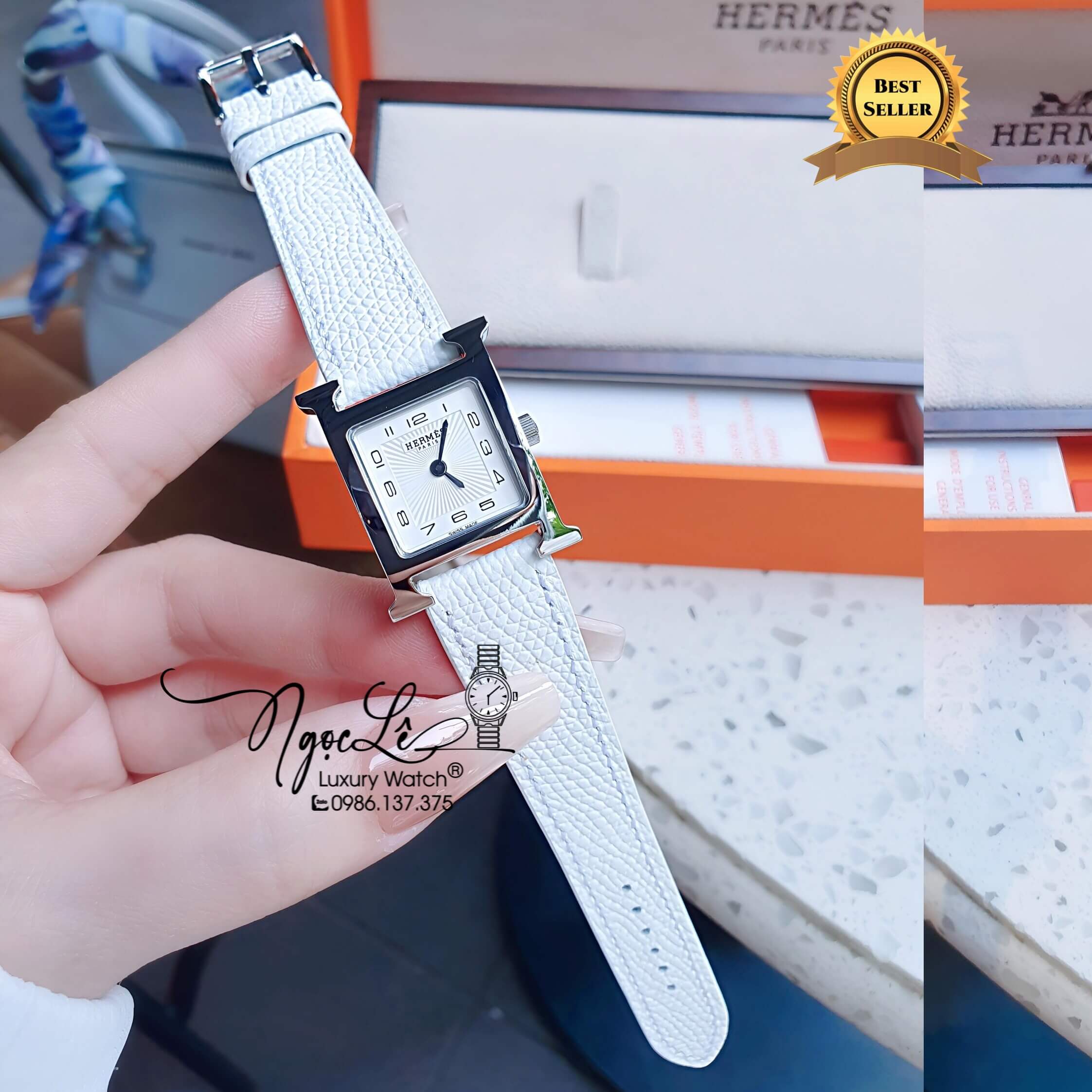 Đồng Hồ Nữ Hermes H Hour Dây Da Màu Trắng Vỏ Bạc Silver Size 21x21mm