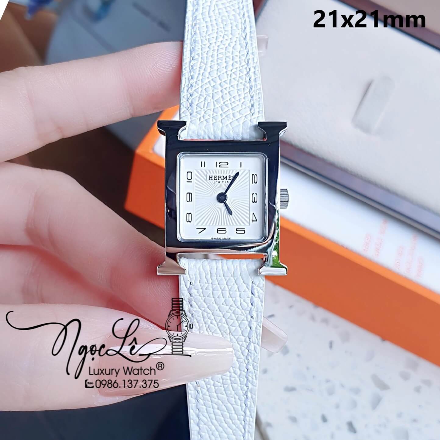 Đồng Hồ Nữ Hermes H Hour Dây Da Màu Trắng Vỏ Bạc Silver Size 21x21mm