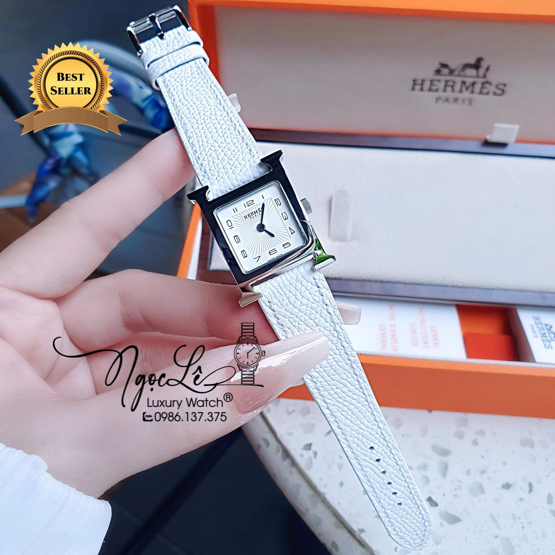 Đồng Hồ Nữ Hermes H Hour Dây Da Màu Trắng Vỏ Bạc Silver Size 21x21mm