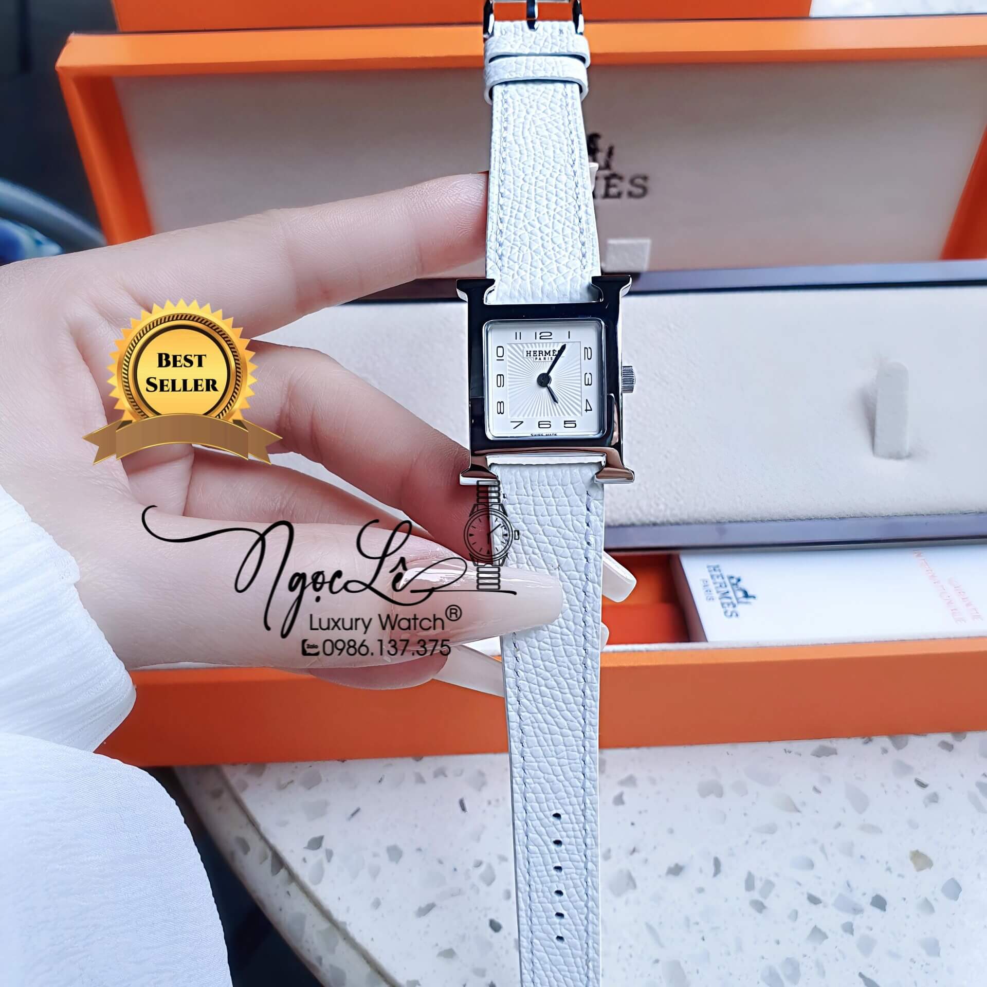 Đồng Hồ Nữ Hermes H Hour Dây Da Màu Trắng Vỏ Bạc Silver Size 21x21mm