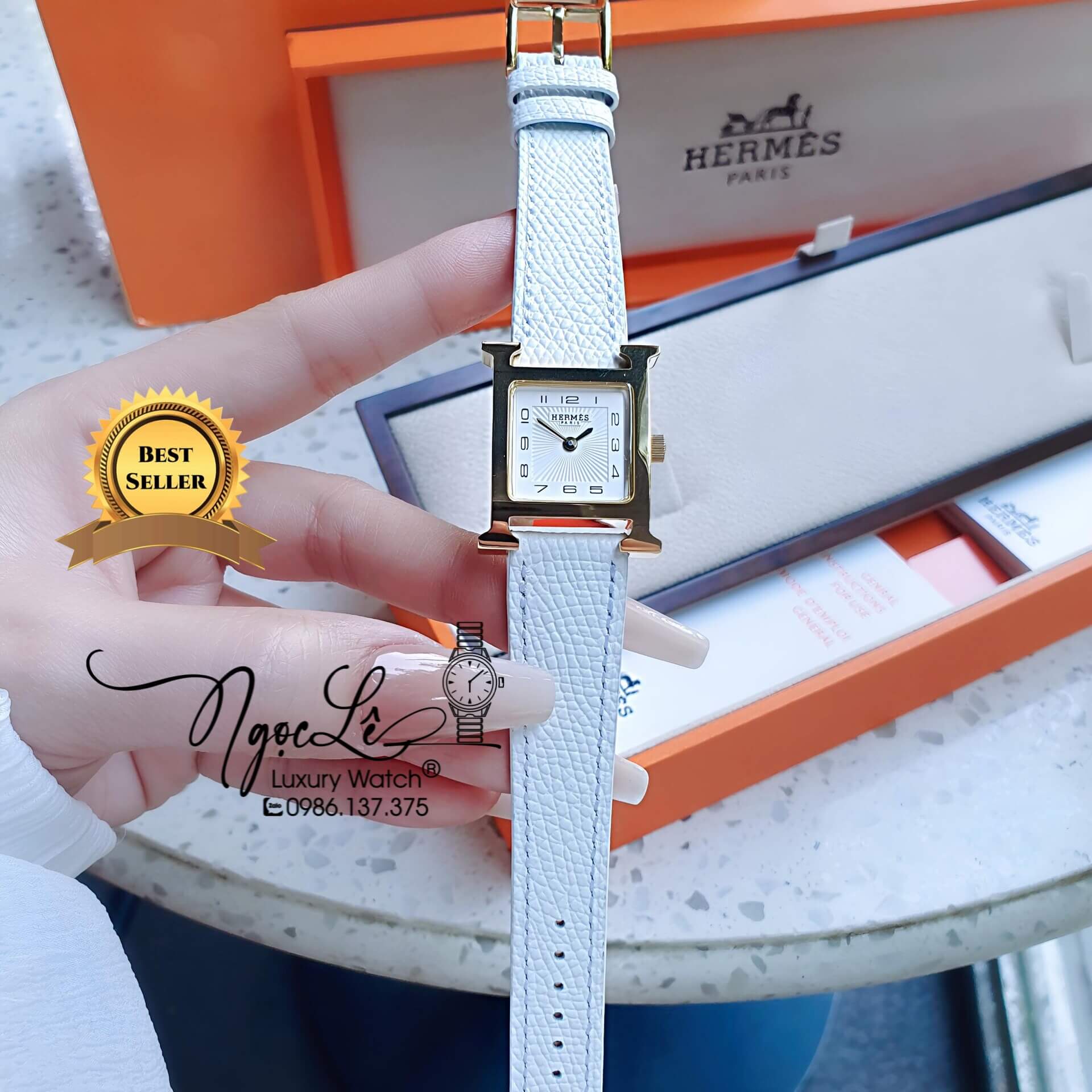 Đồng Hồ Nữ Hermes H Hour Dây Da Màu Trắng Vỏ Vàng Gold Size 21x21mm