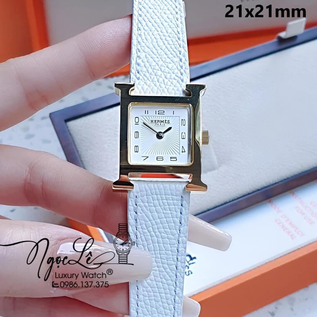 Đồng Hồ Nữ Hermes H Hour Dây Da Màu Trắng Vỏ Vàng Gold Size 21x21mm