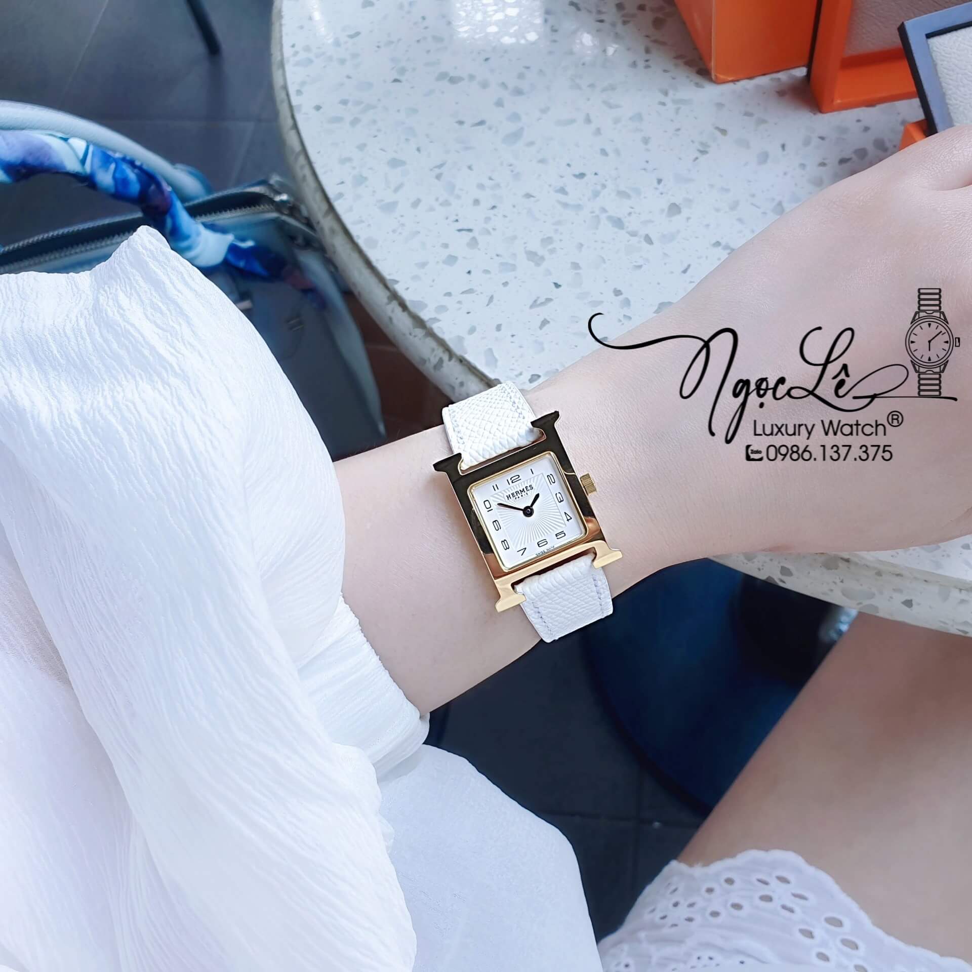 Đồng Hồ Nữ Hermes H Hour Dây Da Màu Trắng Vỏ Vàng Gold Size 21x21mm