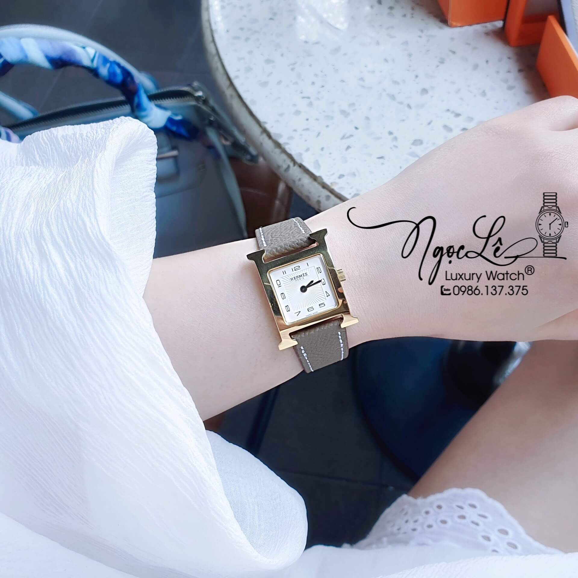 Đồng Hồ Nữ Hermes H Hour Dây Da Màu Xám Vỏ Vàng Gold Size 21x21mm