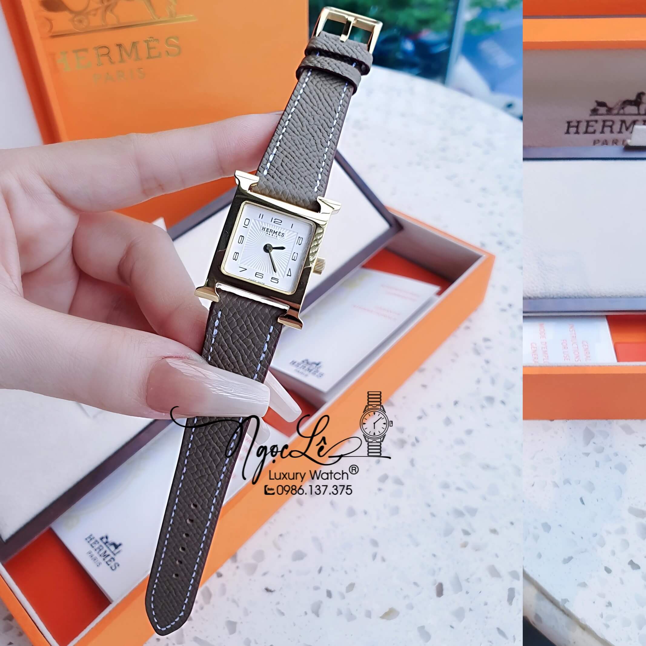 Đồng Hồ Nữ Hermes H Hour Dây Da Màu Xám Vỏ Vàng Gold Size 21x21mm
